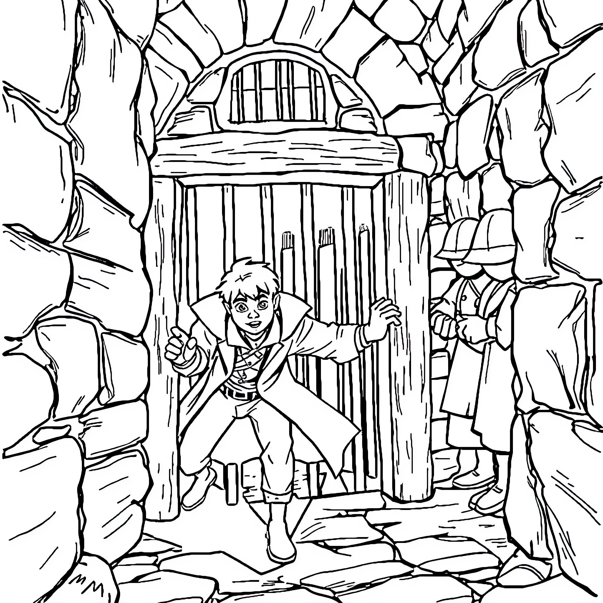 Peter's Daring Escape from the Perilous Prison Coloring Page (free black-and-white line drawing printable PDF for all, from beginners to advanced learners, including children, teens, adults, and seniors)