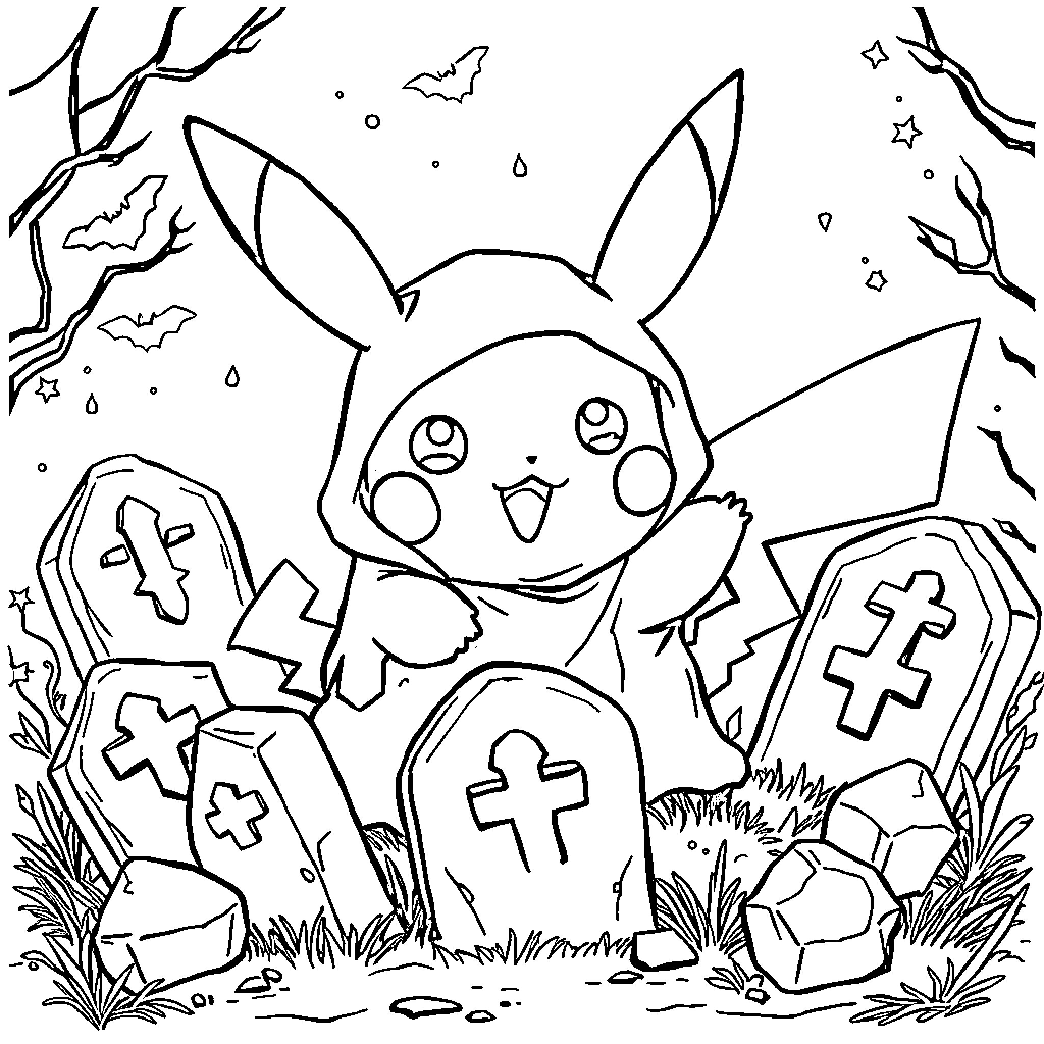 Pikachu exploring a spooky graveyard Coloring Page (free black-and-white line drawing printable PDF for all, from beginners to advanced learners, including children, teens, adults, and seniors)