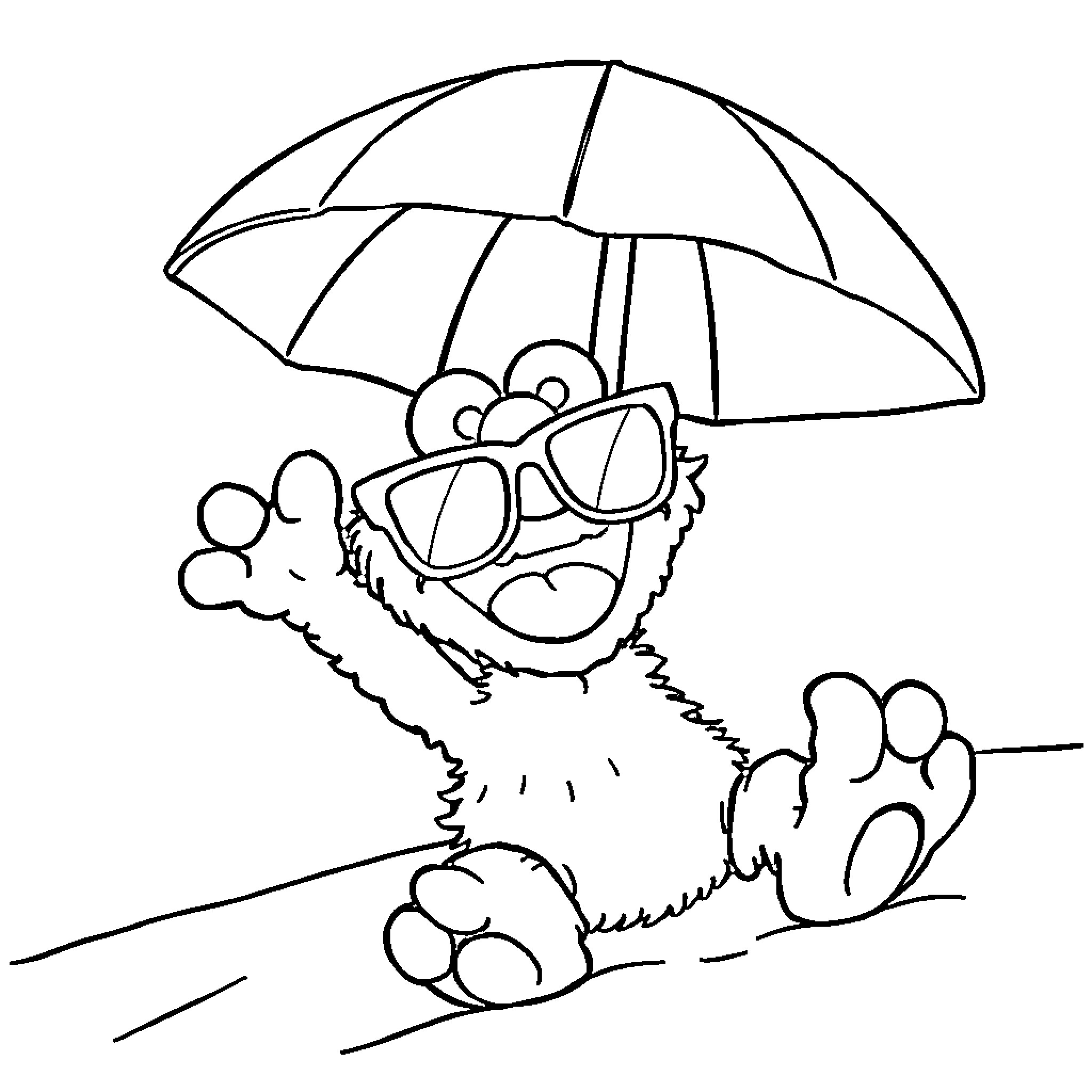 Elmo enjoying a rainy day with umbrella Coloring Page (free black-and-white line drawing printable PDF for all, from beginners to advanced learners, including children, teens, adults, and seniors)