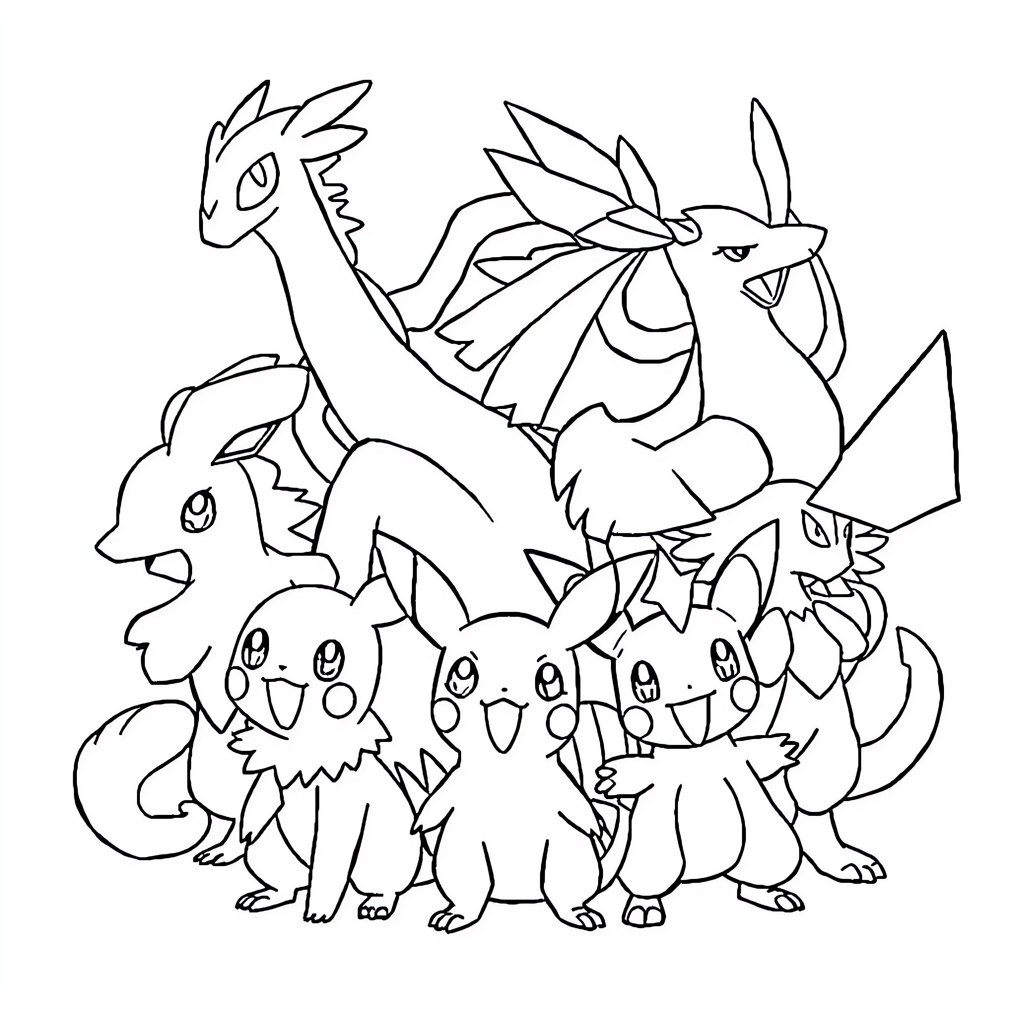 Pokémon characters gathered in a group pose Coloring Page (free black-and-white line drawing printable PDF for all, from beginners to advanced learners, including children, teens, adults, and seniors)