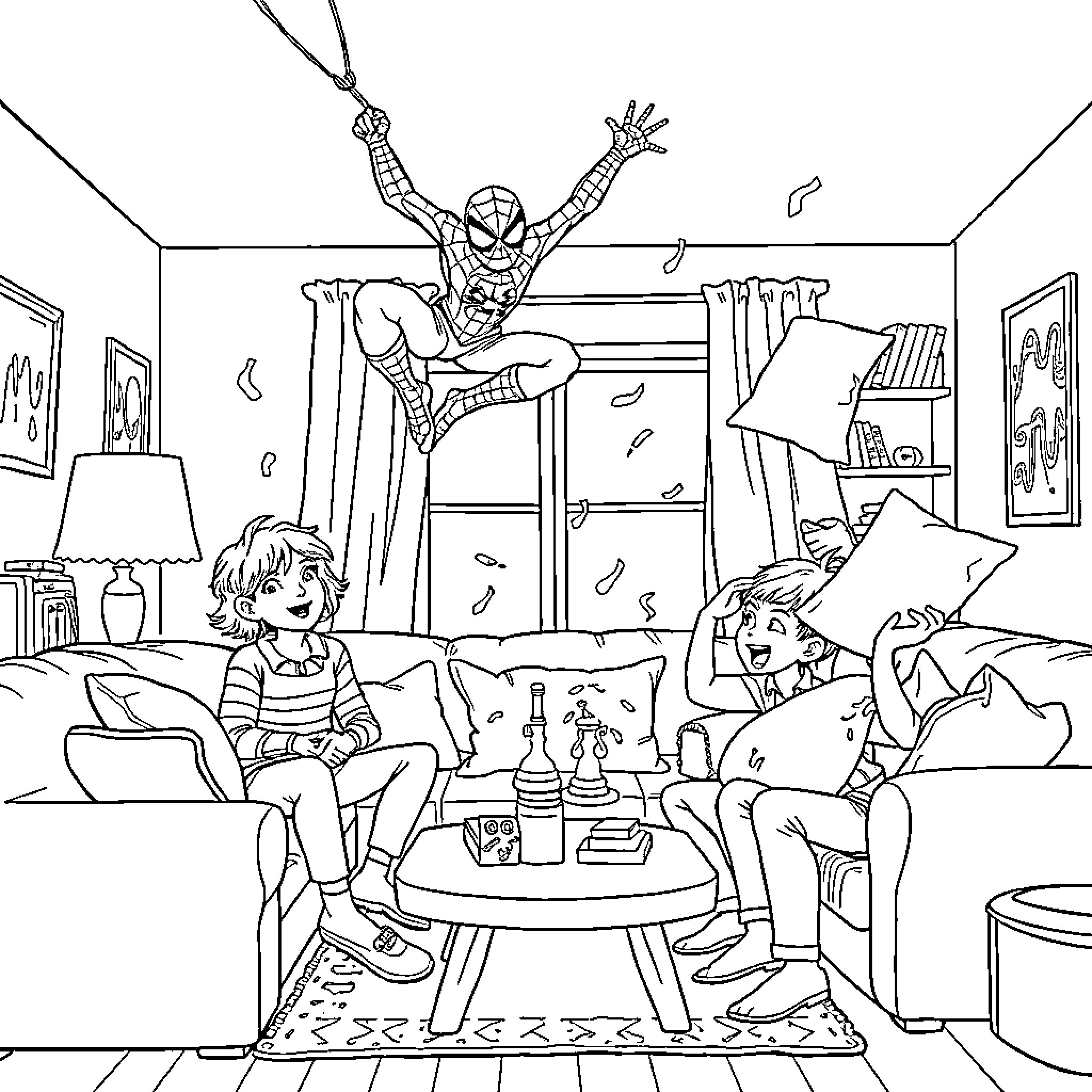 Spiderman surprises friends at a lively indoor party Coloring Page (free black-and-white line drawing printable PDF for all, from beginners to advanced learners, including children, teens, adults, and seniors)