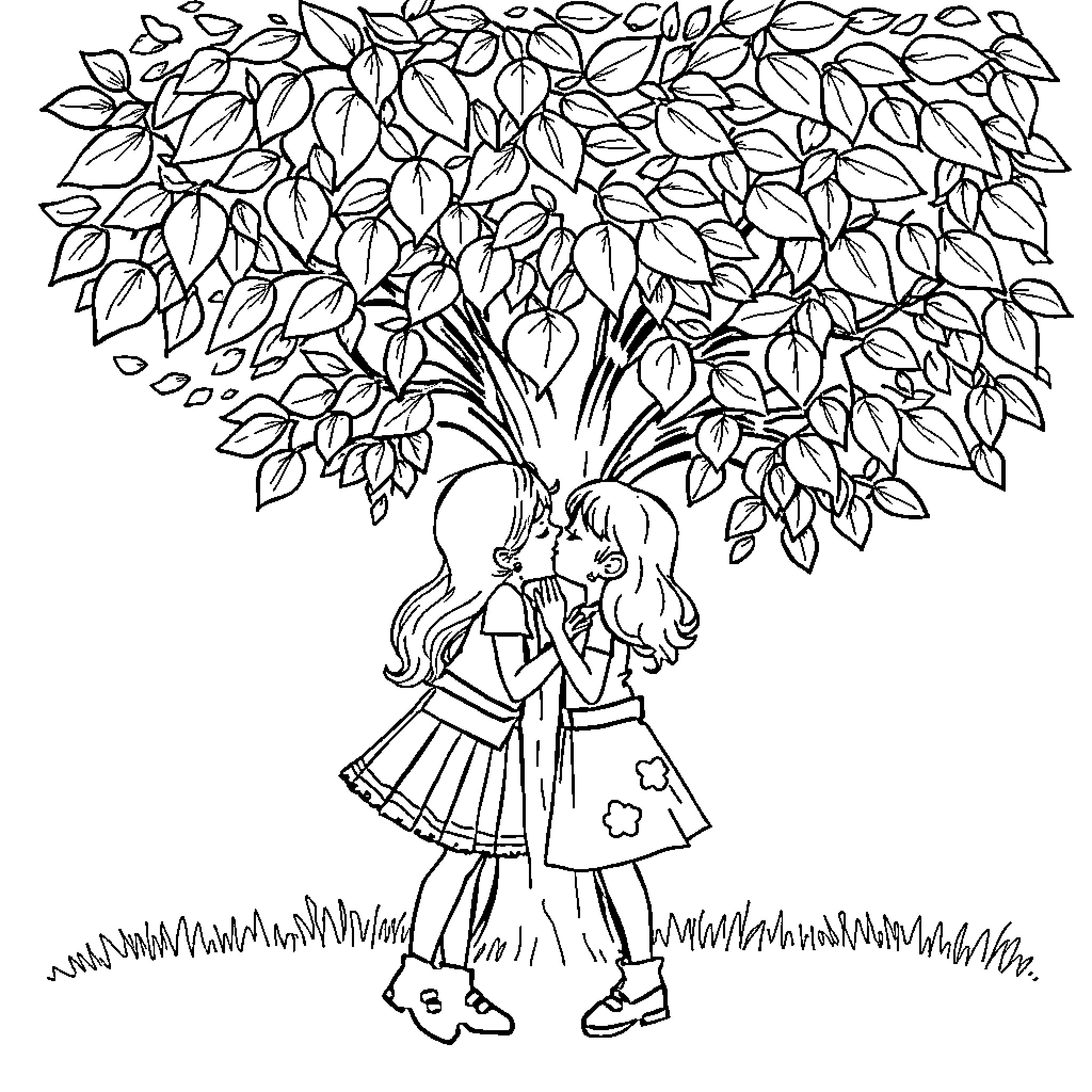 Girl embracing under a leafy tree Coloring Page (free black-and-white line drawing printable PDF for all, from beginners to advanced learners, including children, teens, adults, and seniors)