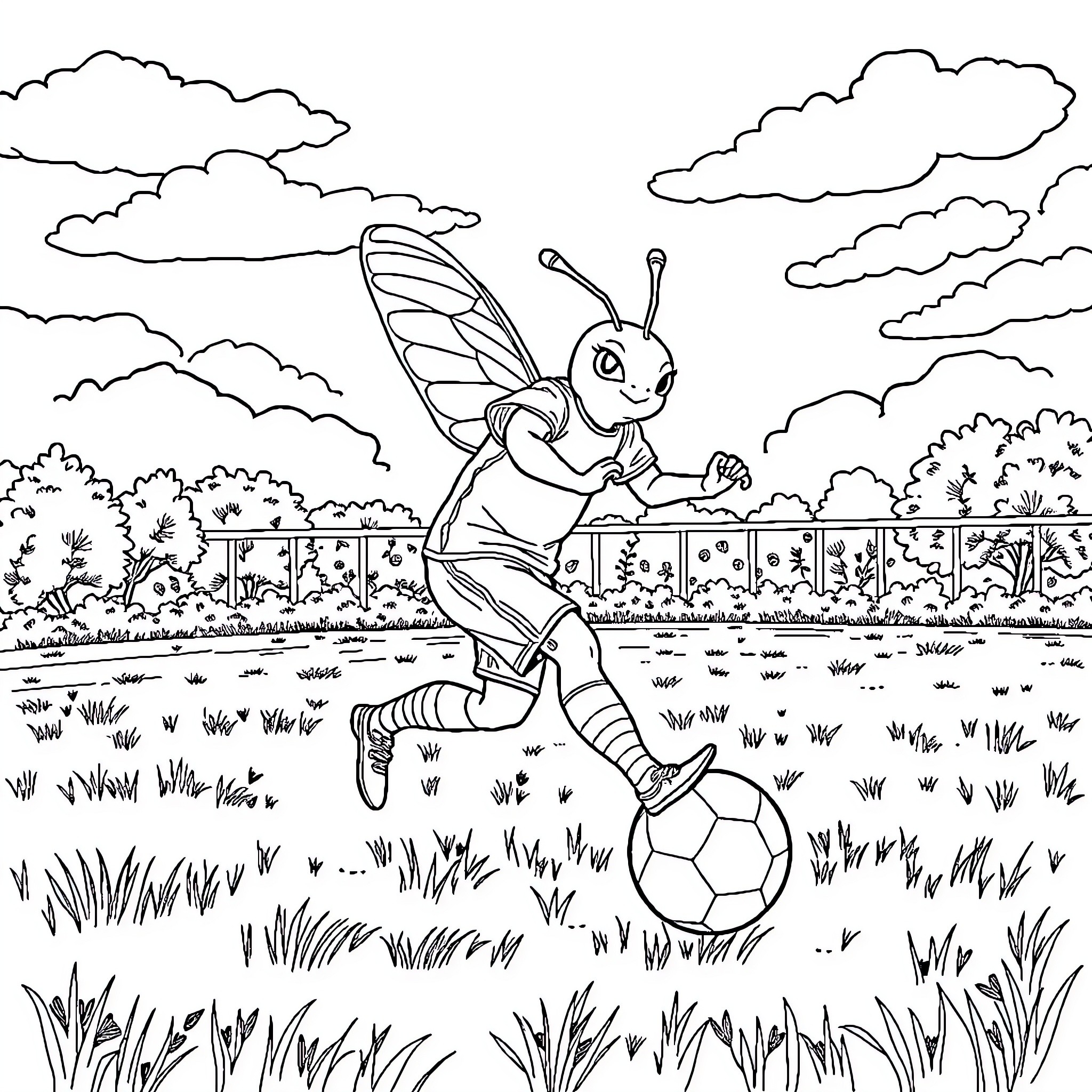 Dragonfly playing with a soccer ball in the park Coloring Page (free black-and-white line drawing printable PDF for all, from beginners to advanced learners, including children, teens, adults, and seniors)