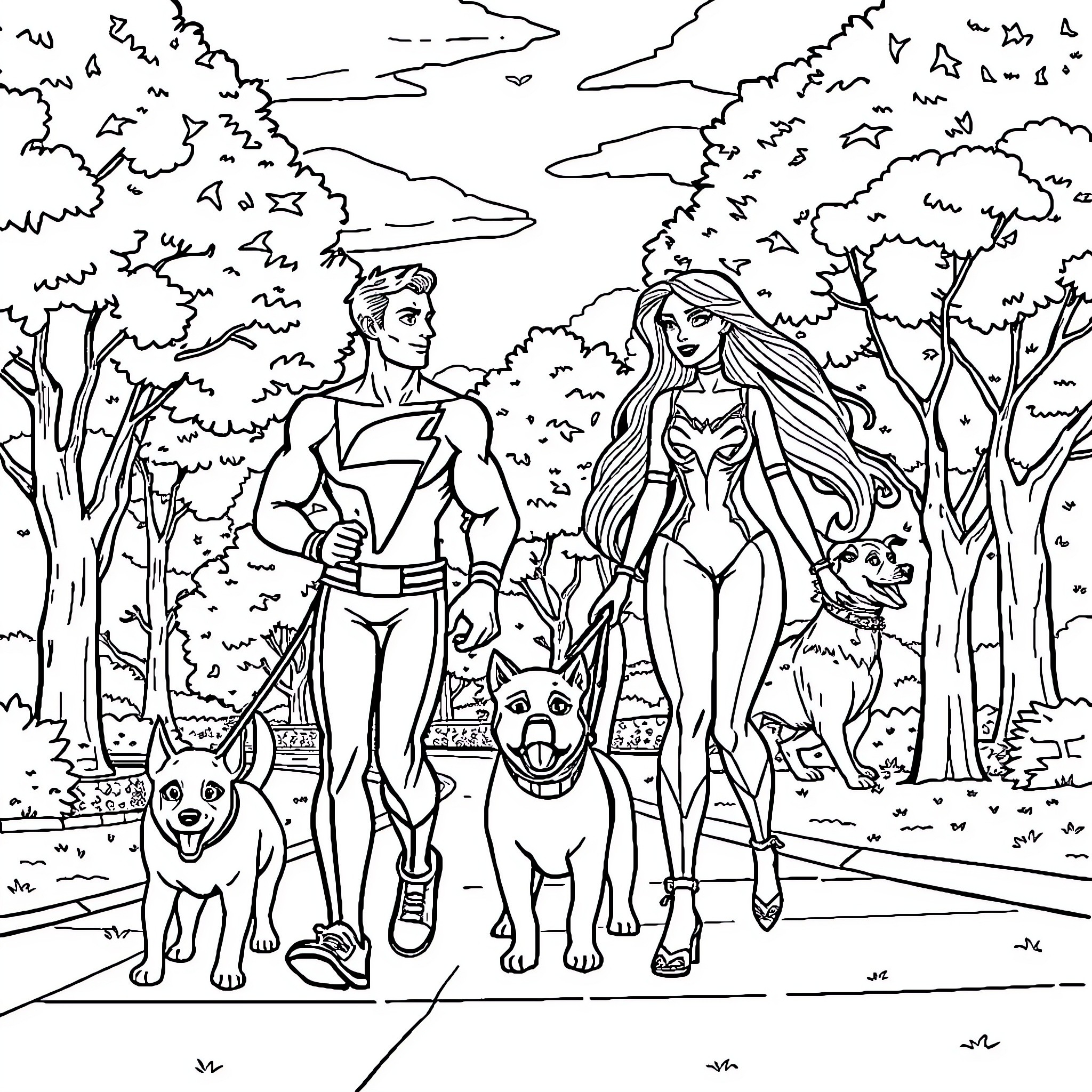 Shazam! Superhero couple strolling with their loyal pets Coloring Page (free black-and-white line drawing printable PDF for all, from beginners to advanced learners, including children, teens, adults, and seniors)