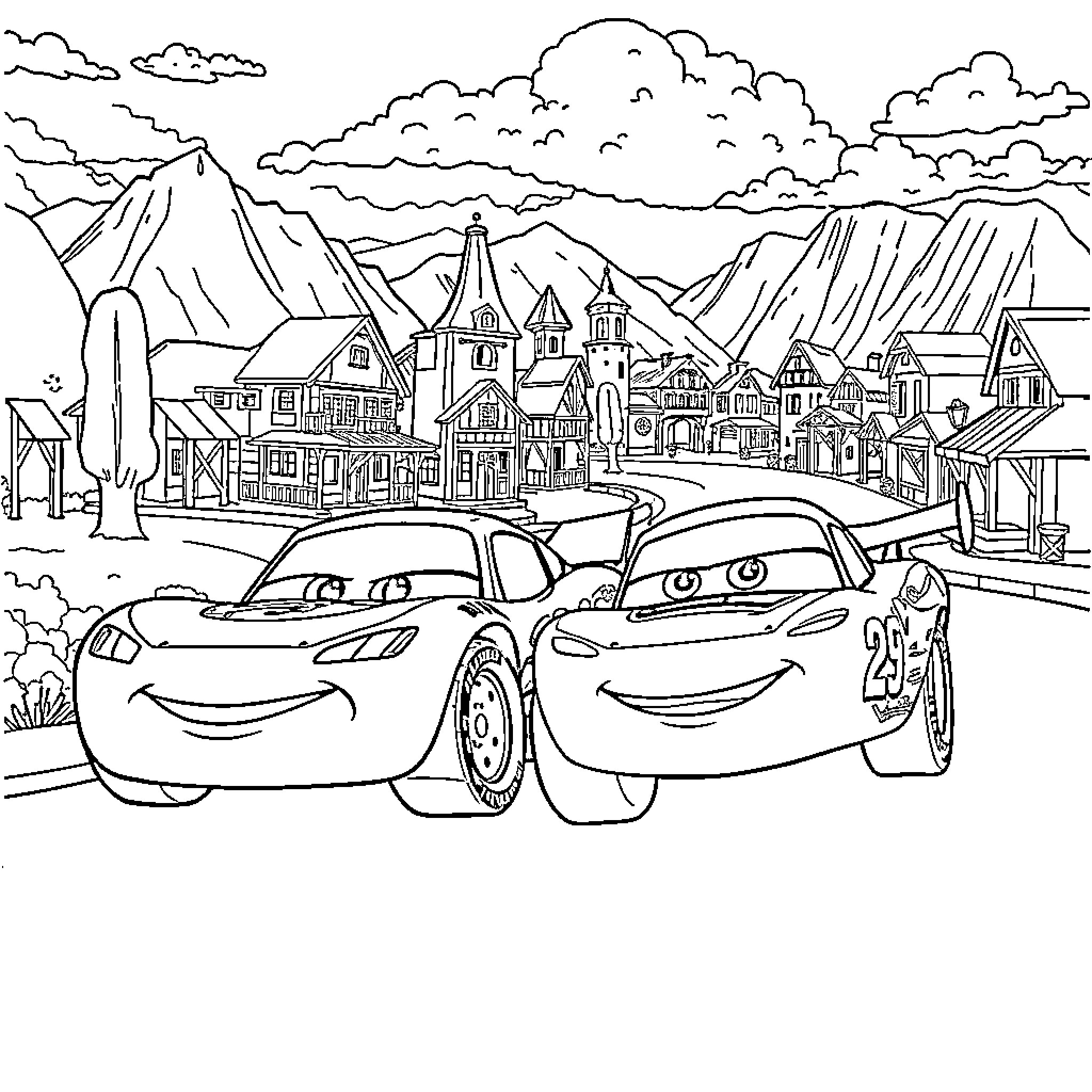 Rayo McQueen's Racing Adventure in a Picturesque Town Coloring Page (free black-and-white line drawing printable PDF for all, from beginners to advanced learners, including children, teens, adults, and seniors)