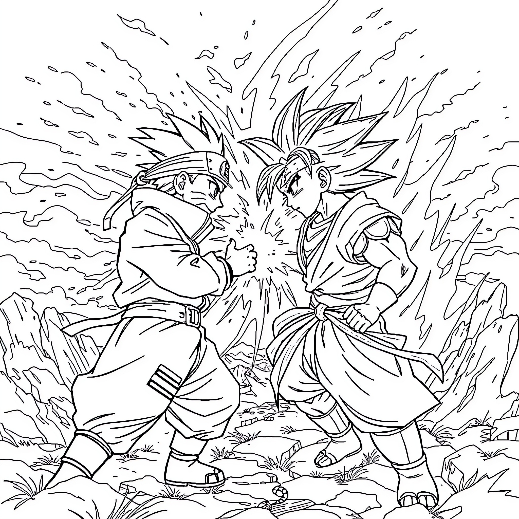 Naruto characters in intense battle with powerful attacks Coloring Page (free black-and-white line drawing printable PDF for all, from beginners to advanced learners, including children, teens, adults, and seniors)