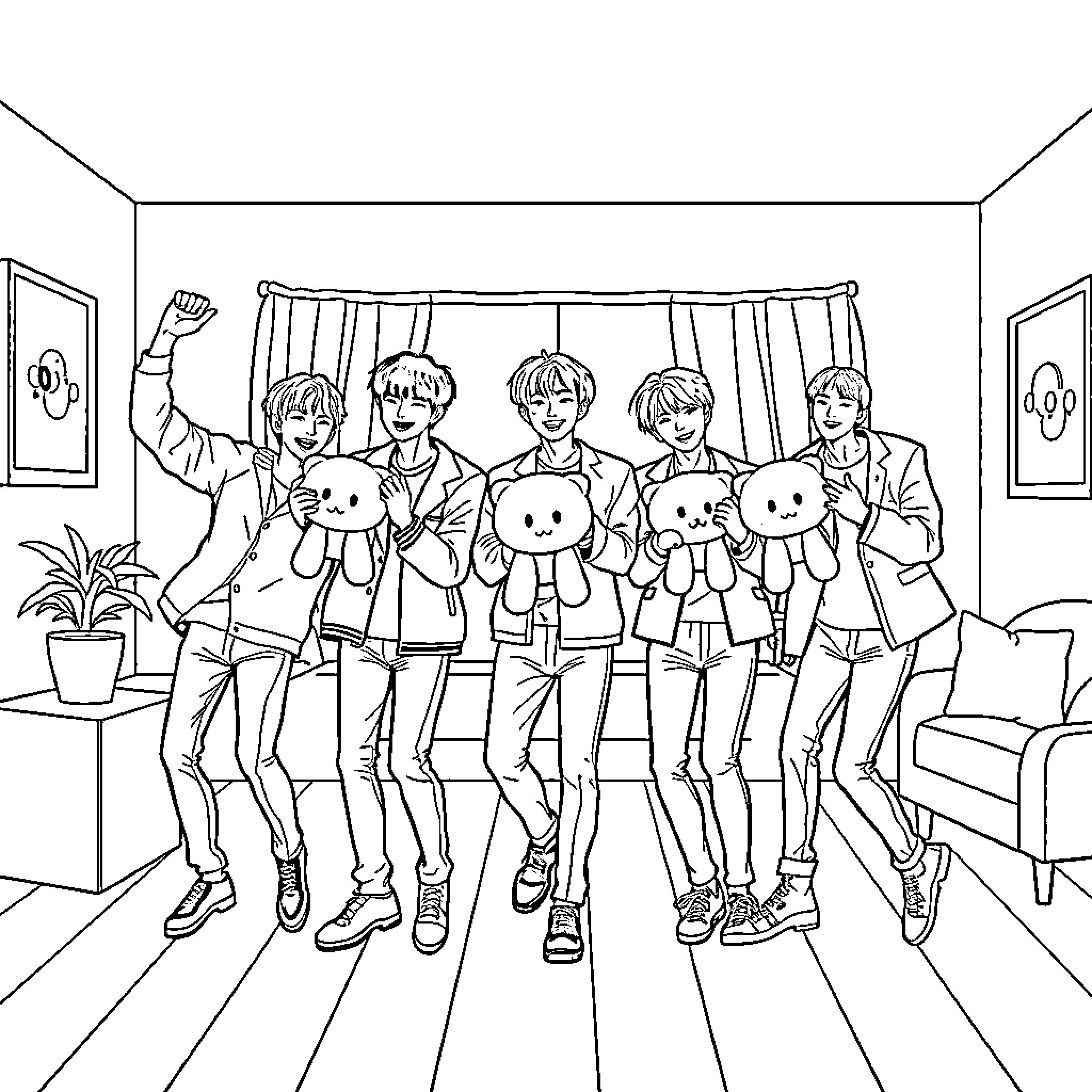 BTS Members Posing Playfully in Casual Outfits Coloring Page (free black-and-white line drawing printable PDF for all, from beginners to advanced learners, including children, teens, adults, and seniors)