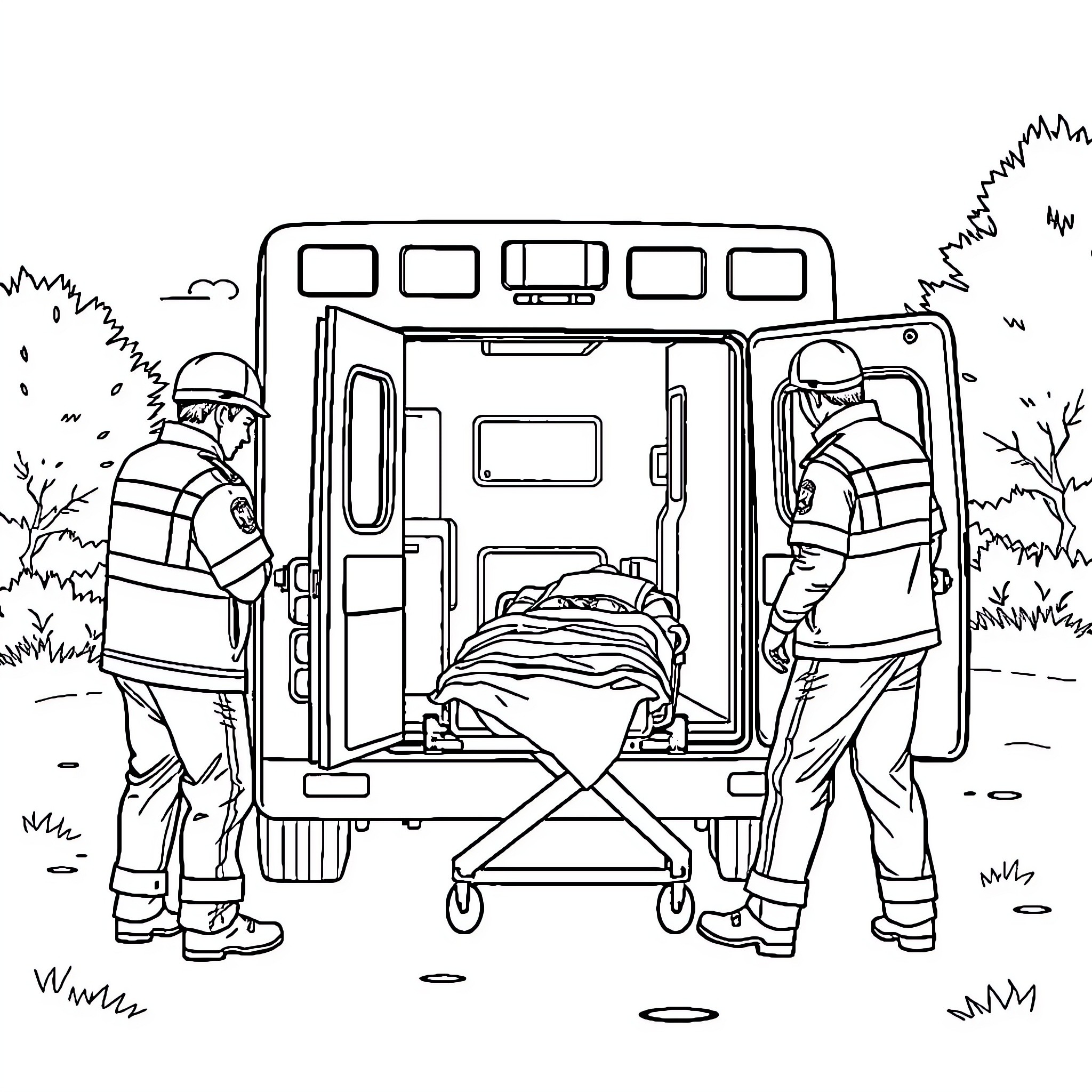 Paramedics transporting patient in emergency vehicle Coloring Page (free black-and-white line drawing printable PDF for all, from beginners to advanced learners, including children, teens, adults, and seniors)