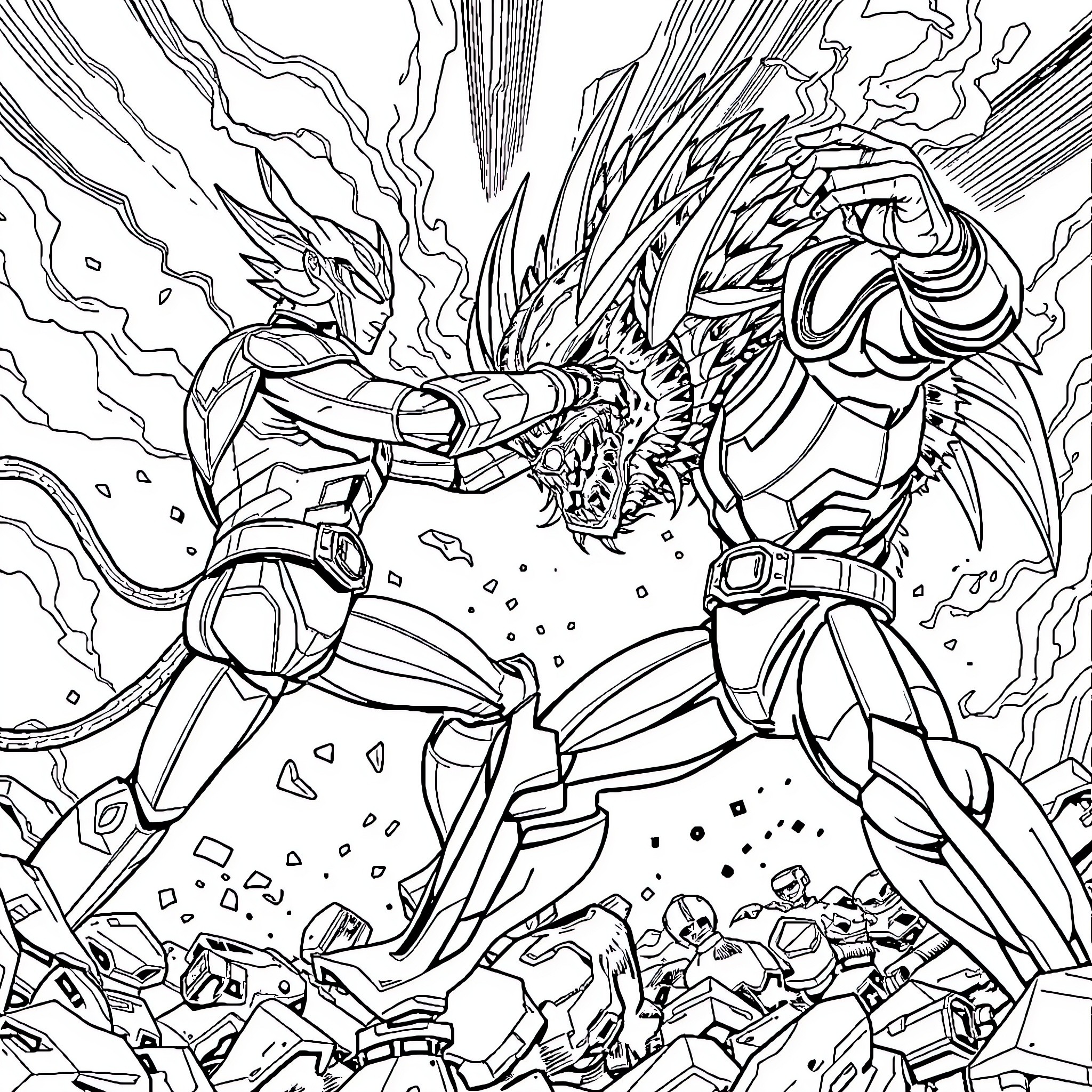 Ultraman battling a fierce and powerful monster Coloring Page (free black-and-white line drawing printable PDF for all, from beginners to advanced learners, including children, teens, adults, and seniors)