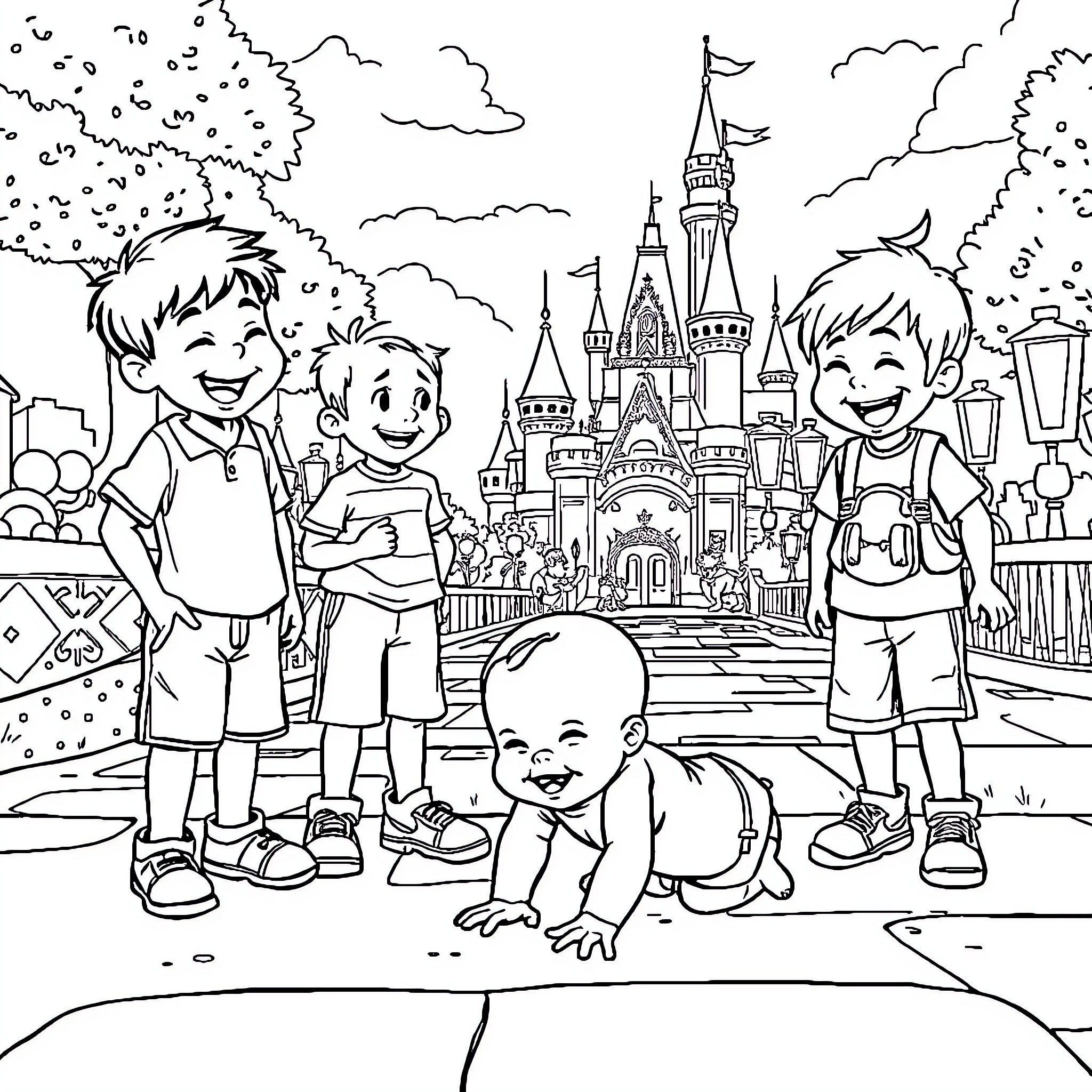 Boys explore magical castle with excitement Coloring Page (free black-and-white line drawing printable PDF for all, from beginners to advanced learners, including children, teens, adults, and seniors)