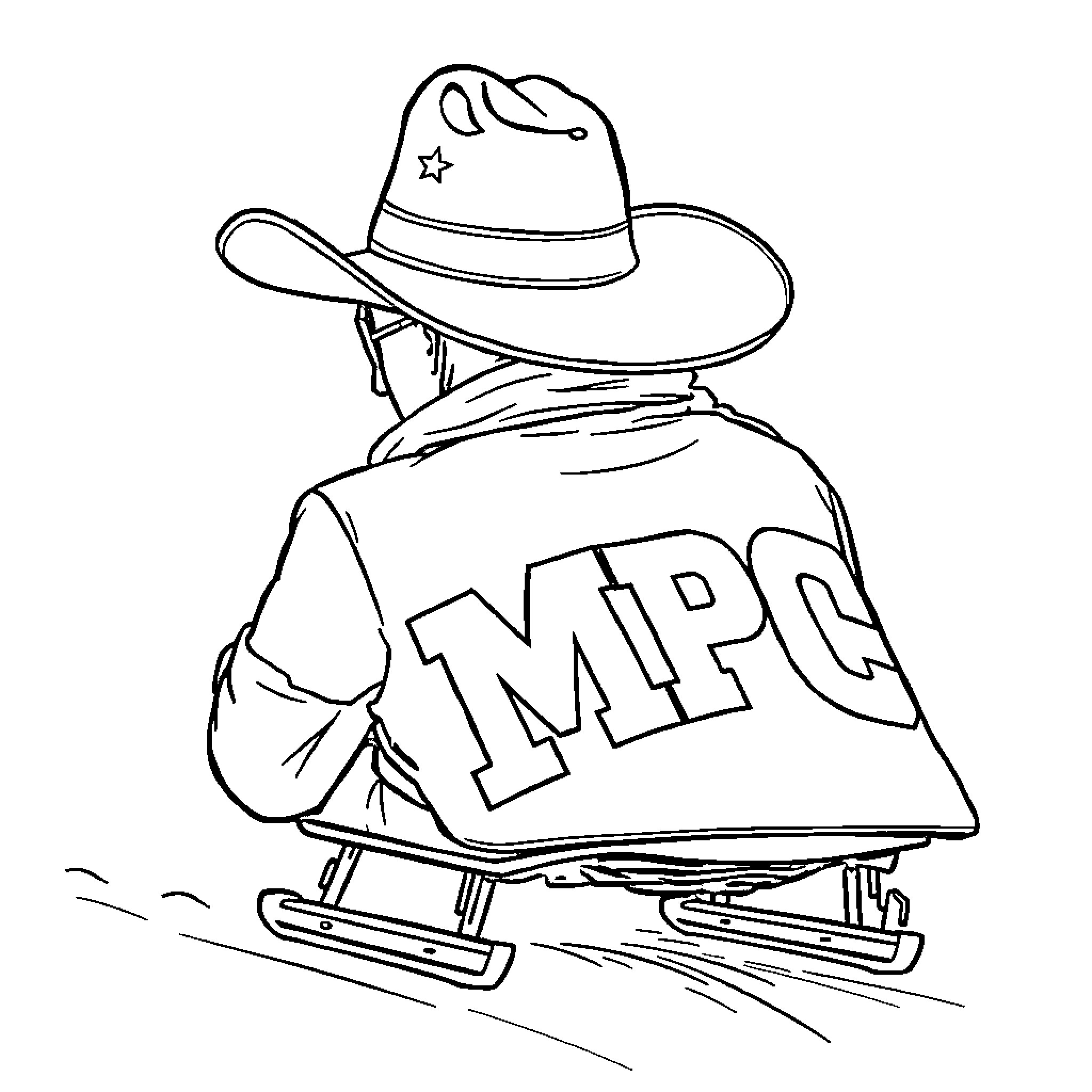 Bobsledder in MPC uniform riding sled Coloring Page (free black-and-white line drawing printable PDF for all, from beginners to advanced learners, including children, teens, adults, and seniors)