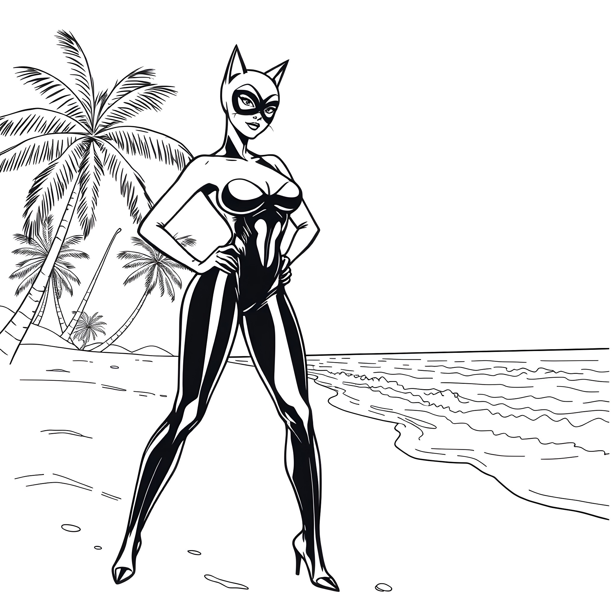 Catwoman posing confidently on a tropical beach Coloring Page (free black-and-white line drawing printable PDF for all, from beginners to advanced learners, including children, teens, adults, and seniors)