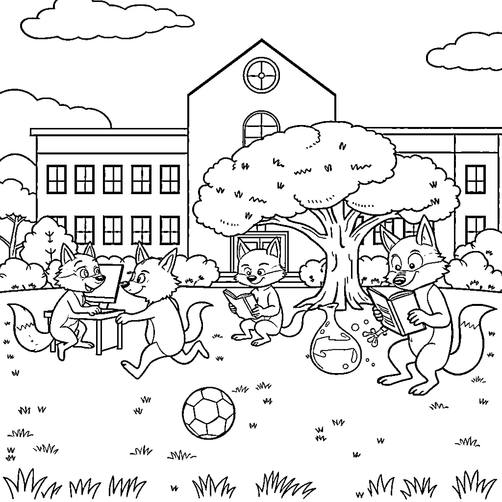 Wolf Pups Playing Joyfully at School Coloring Page (free black-and-white line drawing printable PDF for all, from beginners to advanced learners, including children, teens, adults, and seniors)