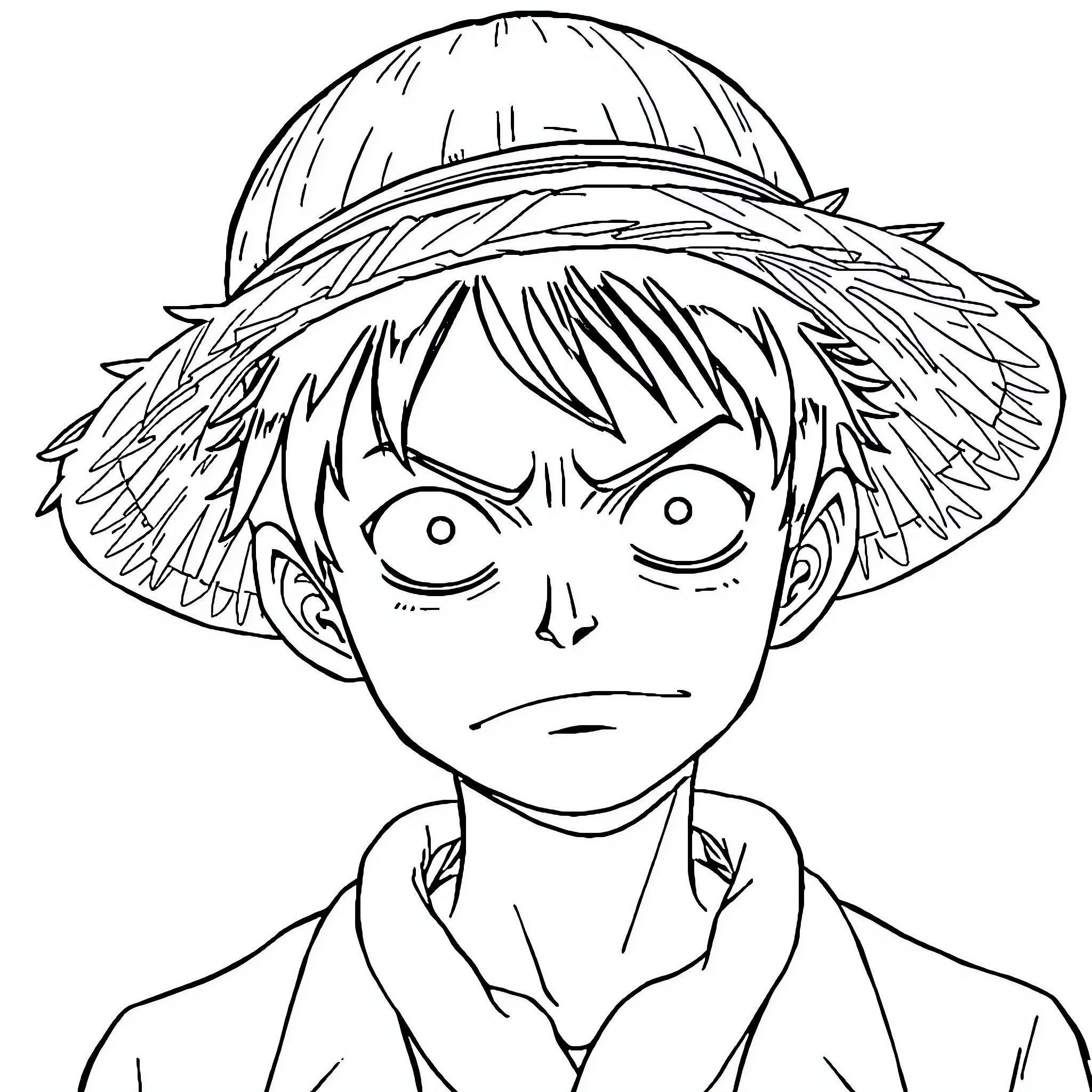 Luffy's Determined Expression in Straw Hat Coloring Page (free black-and-white line drawing printable PDF for all, from beginners to advanced learners, including children, teens, adults, and seniors)
