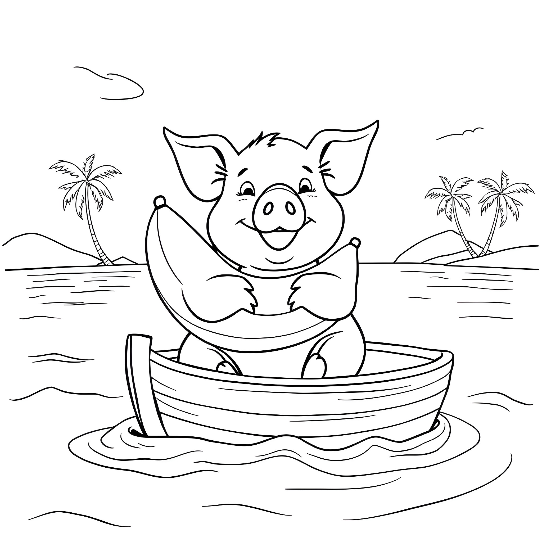 Pig relaxing in a boat on the beach Coloring Page (free black-and-white line drawing printable PDF for all, from beginners to advanced learners, including children, teens, adults, and seniors)