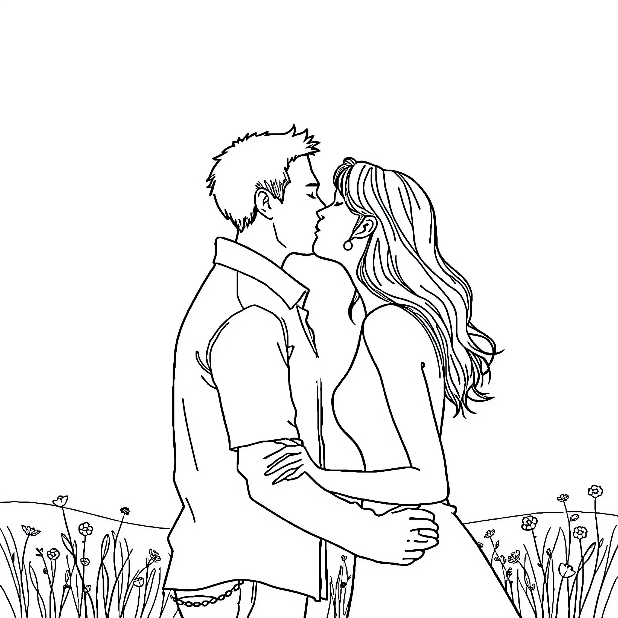 Kiss of Passion in the Garden Coloring Page (free black-and-white line drawing printable PDF for all, from beginners to advanced learners, including children, teens, adults, and seniors)