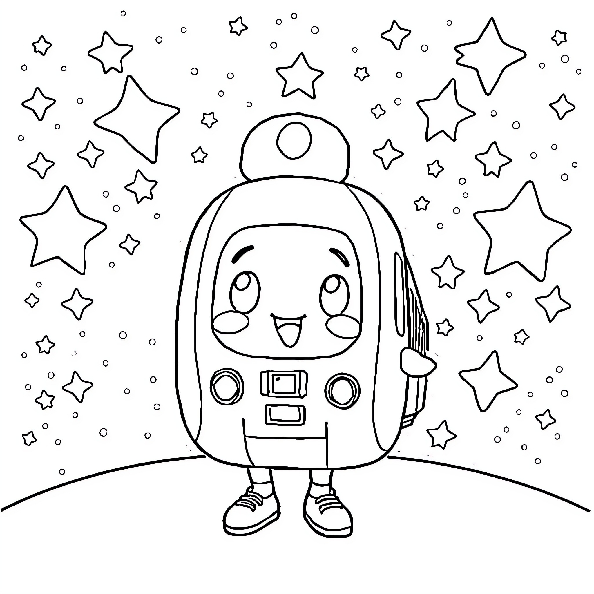Sunday Fun with Cosmic Friends Coloring Page (free black-and-white line drawing printable PDF for all, from beginners to advanced learners, including children, teens, adults, and seniors)