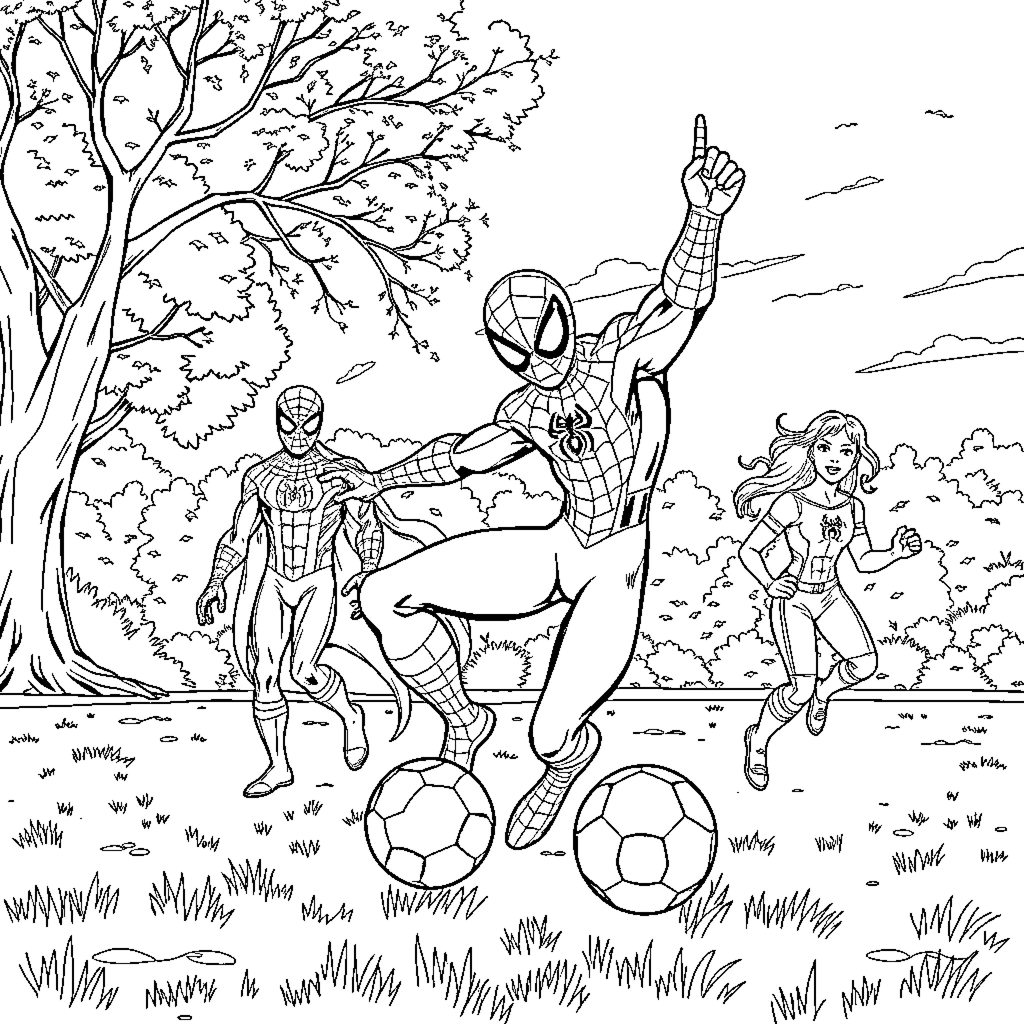 Spider-Man and friends play soccer in the park Coloring Page (free black-and-white line drawing printable PDF for all, from beginners to advanced learners, including children, teens, adults, and seniors)