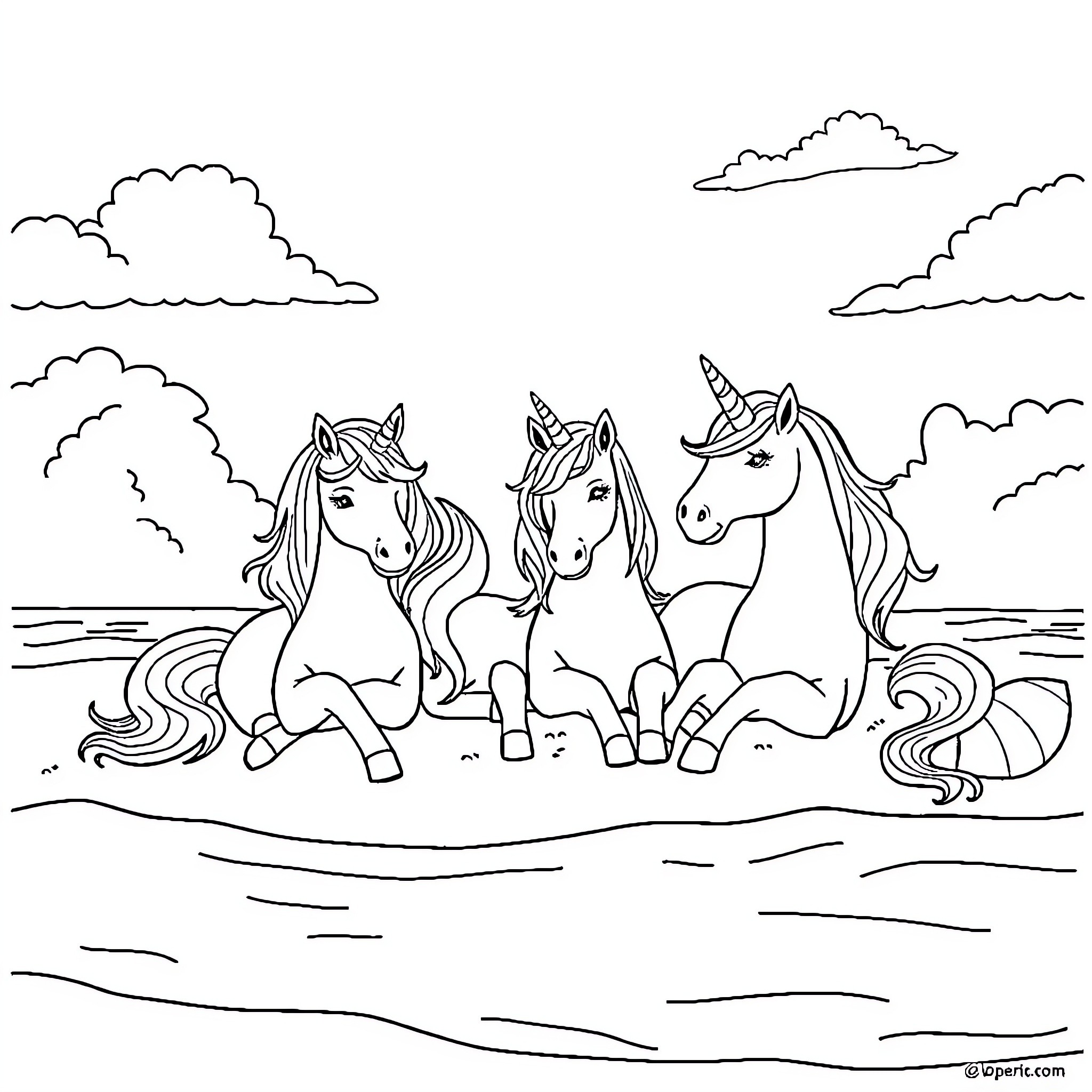 Unicorn family relaxing in serene landscape Coloring Page (free black-and-white line drawing printable PDF for all, from beginners to advanced learners, including children, teens, adults, and seniors)