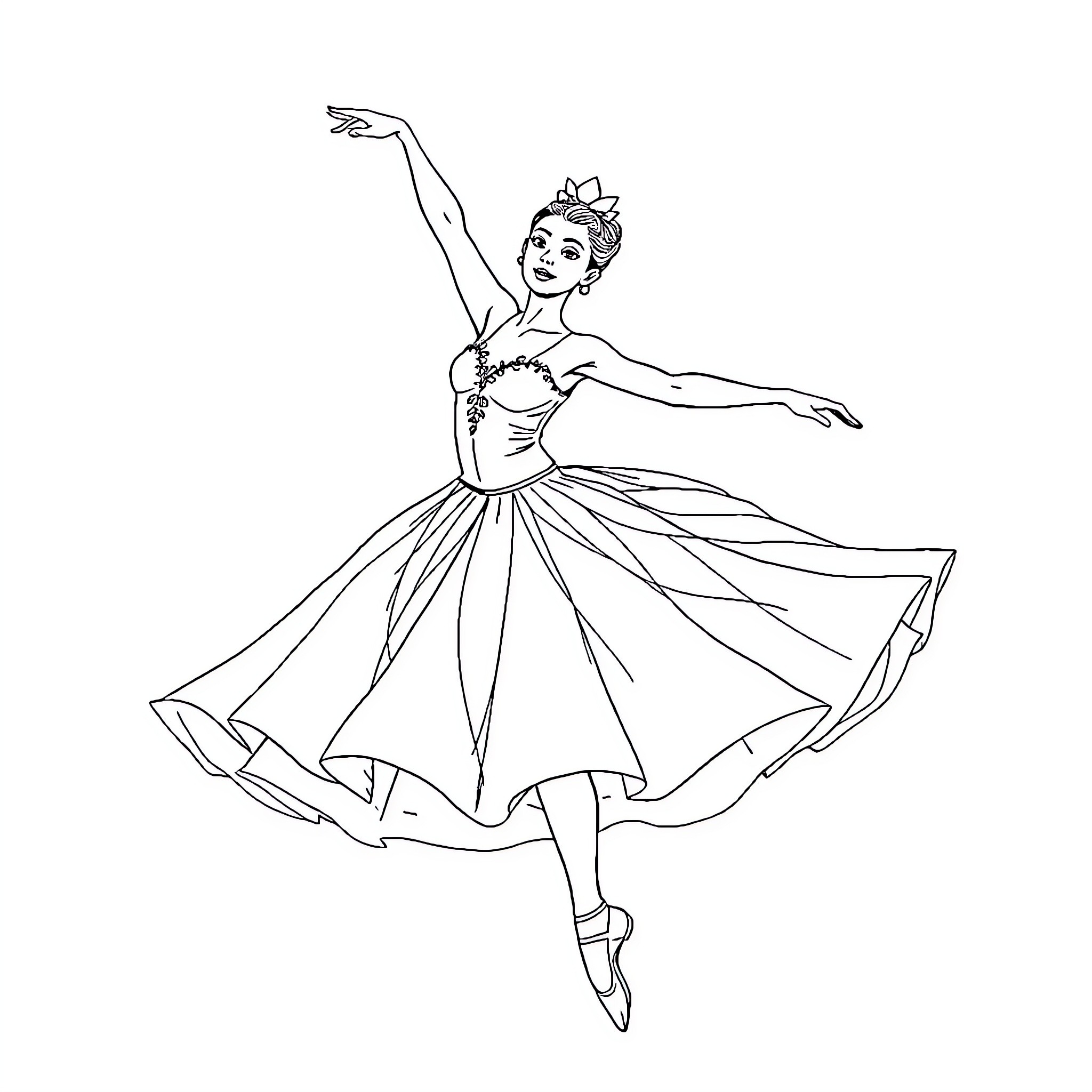 Ballerina performing graceful dance in tutu Coloring Page (free black-and-white line drawing printable PDF for all, from beginners to advanced learners, including children, teens, adults, and seniors)