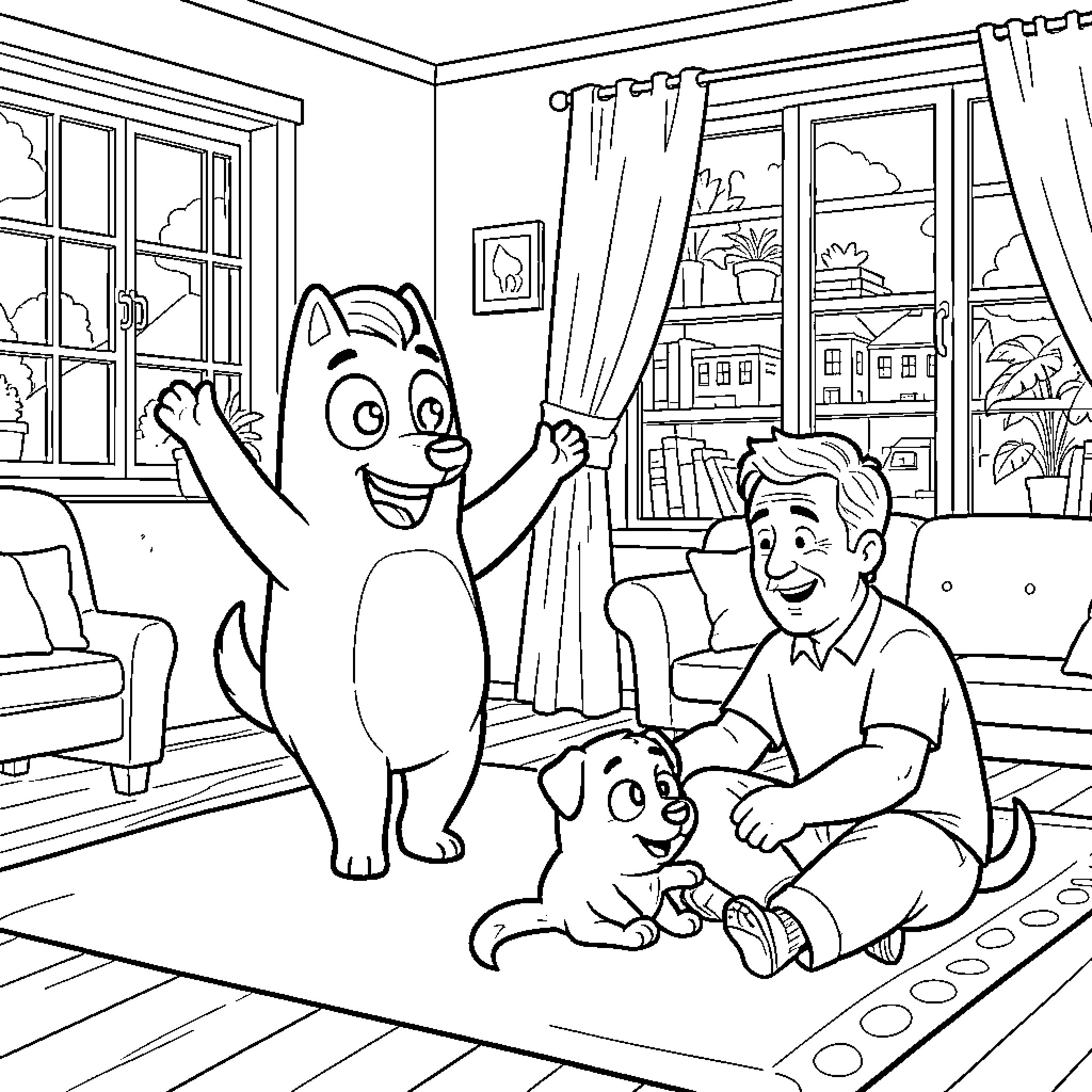 Bluey playing joyfully with family at home Coloring Page (free black-and-white line drawing printable PDF for all, from beginners to advanced learners, including children, teens, adults, and seniors)