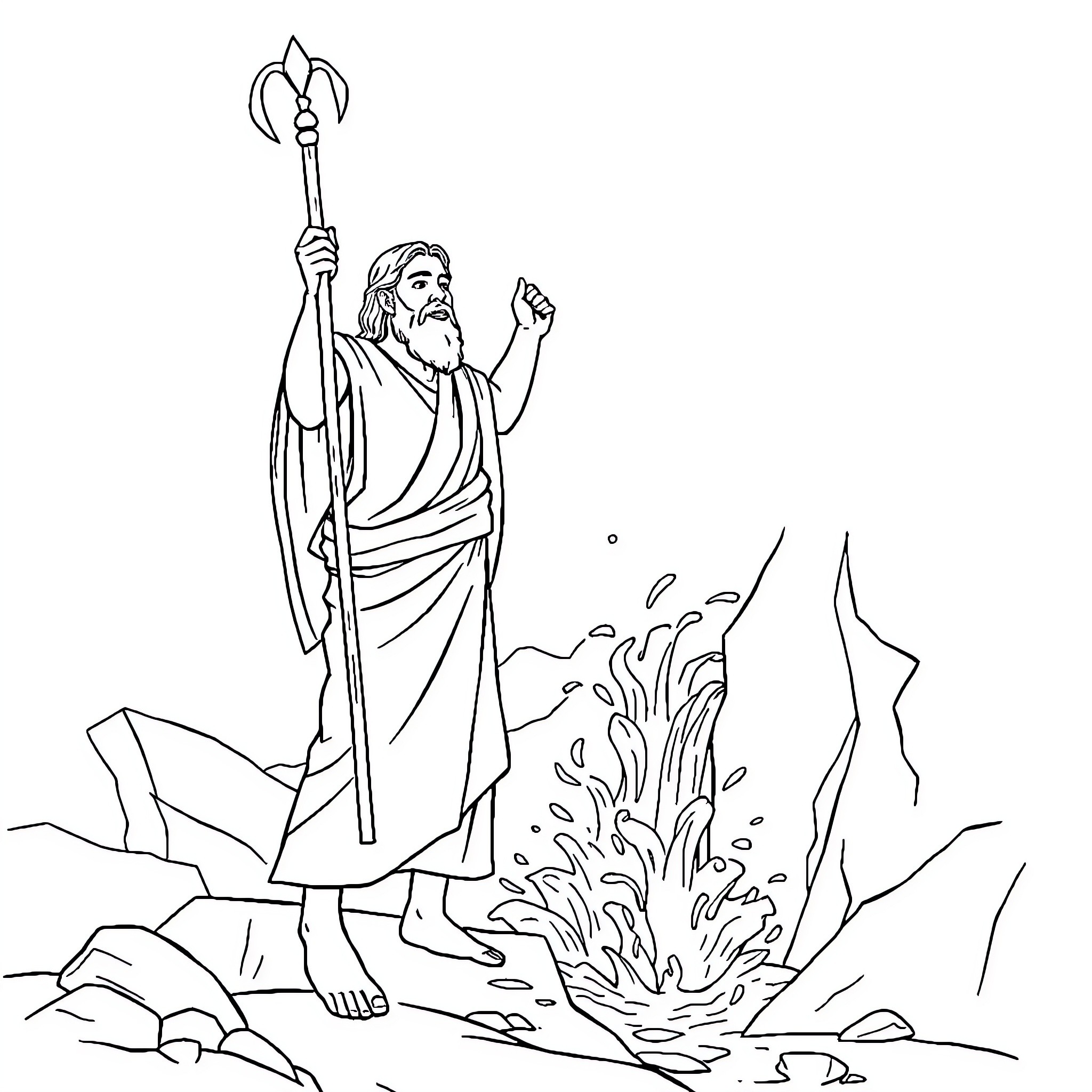 Moses standing amid the burning bush Coloring Page (free black-and-white line drawing printable PDF for all, from beginners to advanced learners, including children, teens, adults, and seniors)