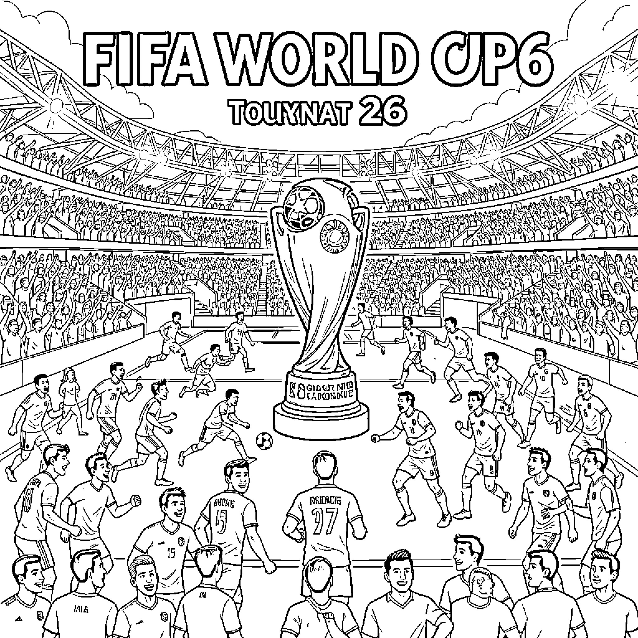 FIFA World Cup players competing in a crowded stadium Coloring Page (free black-and-white line drawing printable PDF for all, from beginners to advanced learners, including children, teens, adults, and seniors)
