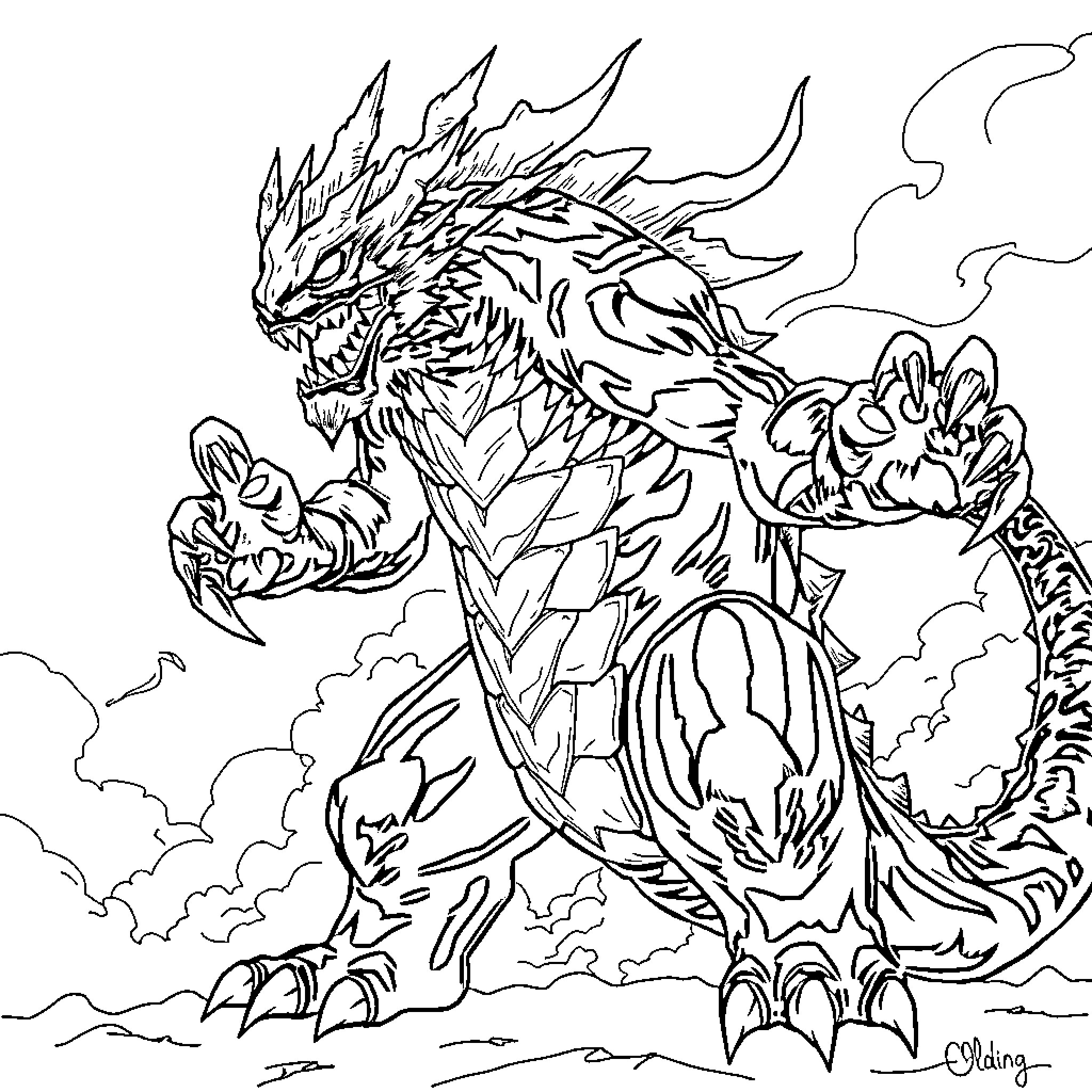 Gaigan: Ferocious Fantasy Creature Emerges from Clouds Coloring Page (free black-and-white line drawing printable PDF for all, from beginners to advanced learners, including children, teens, adults, and seniors)