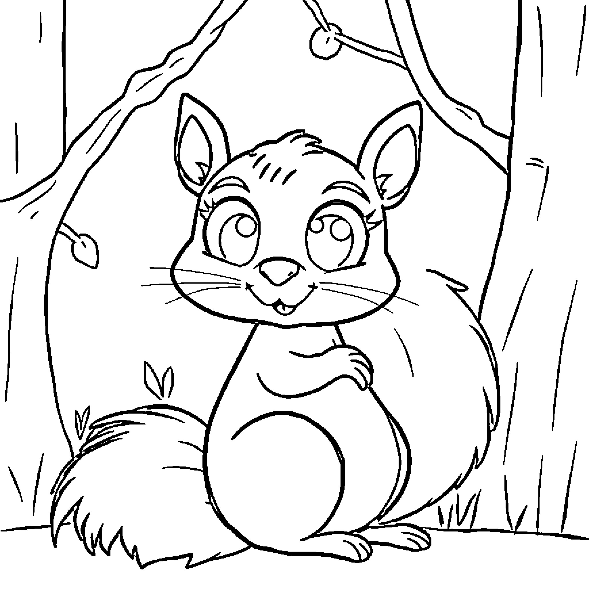 Squirrel with big eyes in forest Coloring Page (free black-and-white line drawing printable PDF for all, from beginners to advanced learners, including children, teens, adults, and seniors)