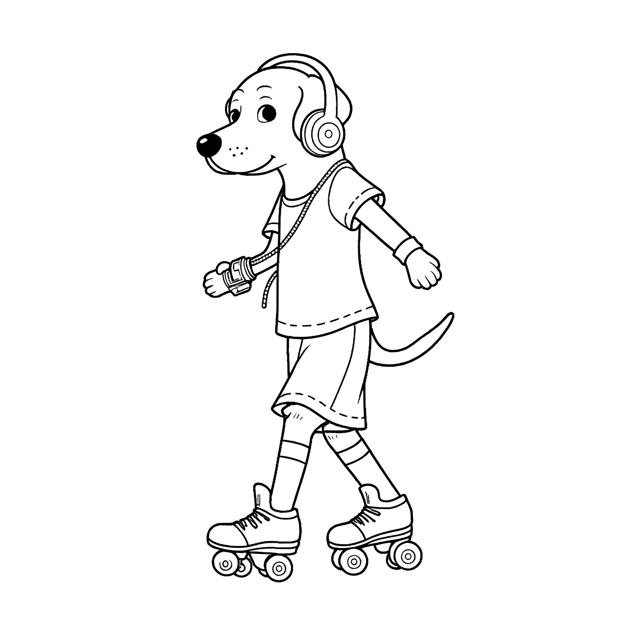Labrador riding roller skates and listening to music Coloring Page (free black-and-white line drawing printable PDF for all, from beginners to advanced learners, including children, teens, adults, and seniors)