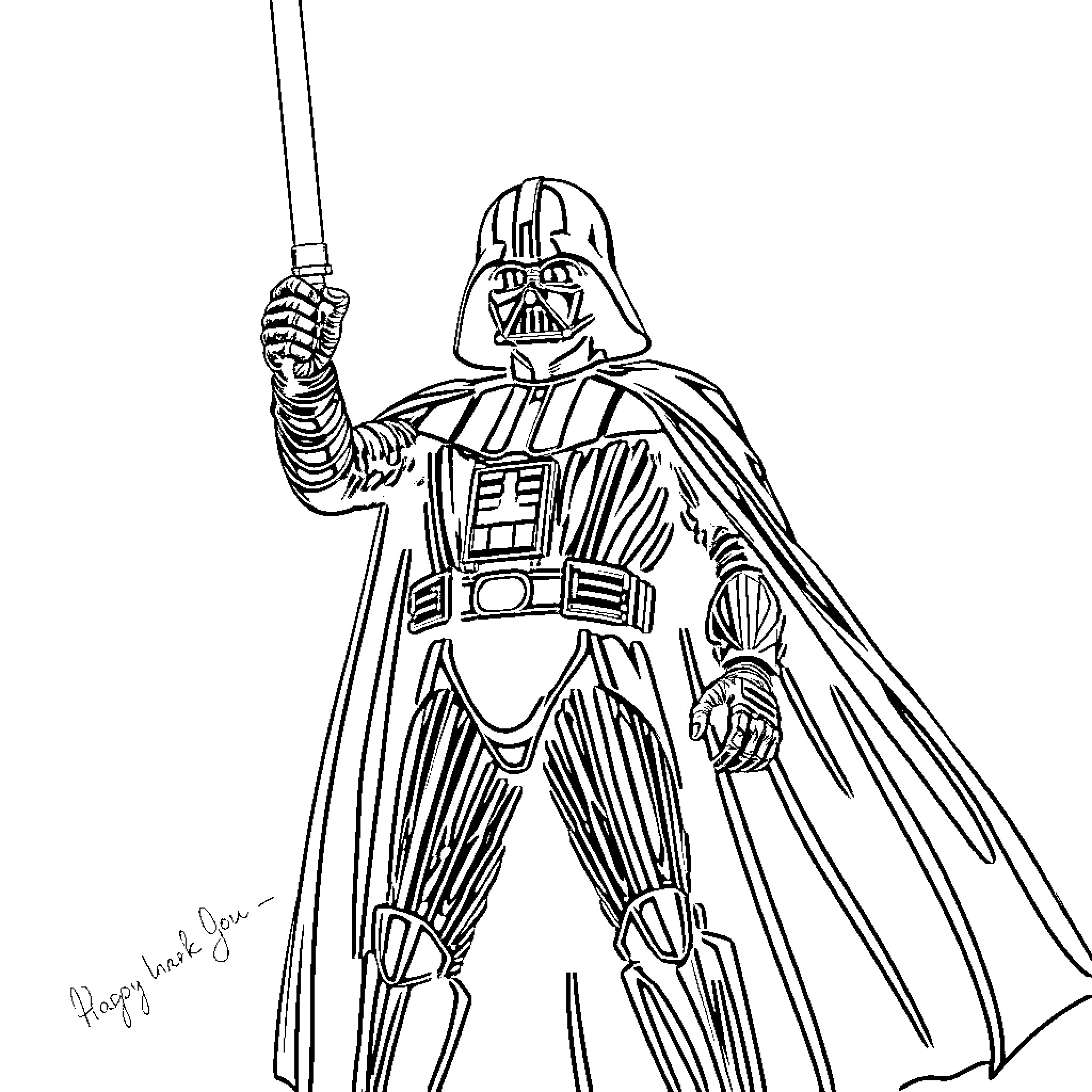 Darth Vader standing tall in his iconic outfit Coloring Page (free black-and-white line drawing printable PDF for all, from beginners to advanced learners, including children, teens, adults, and seniors)