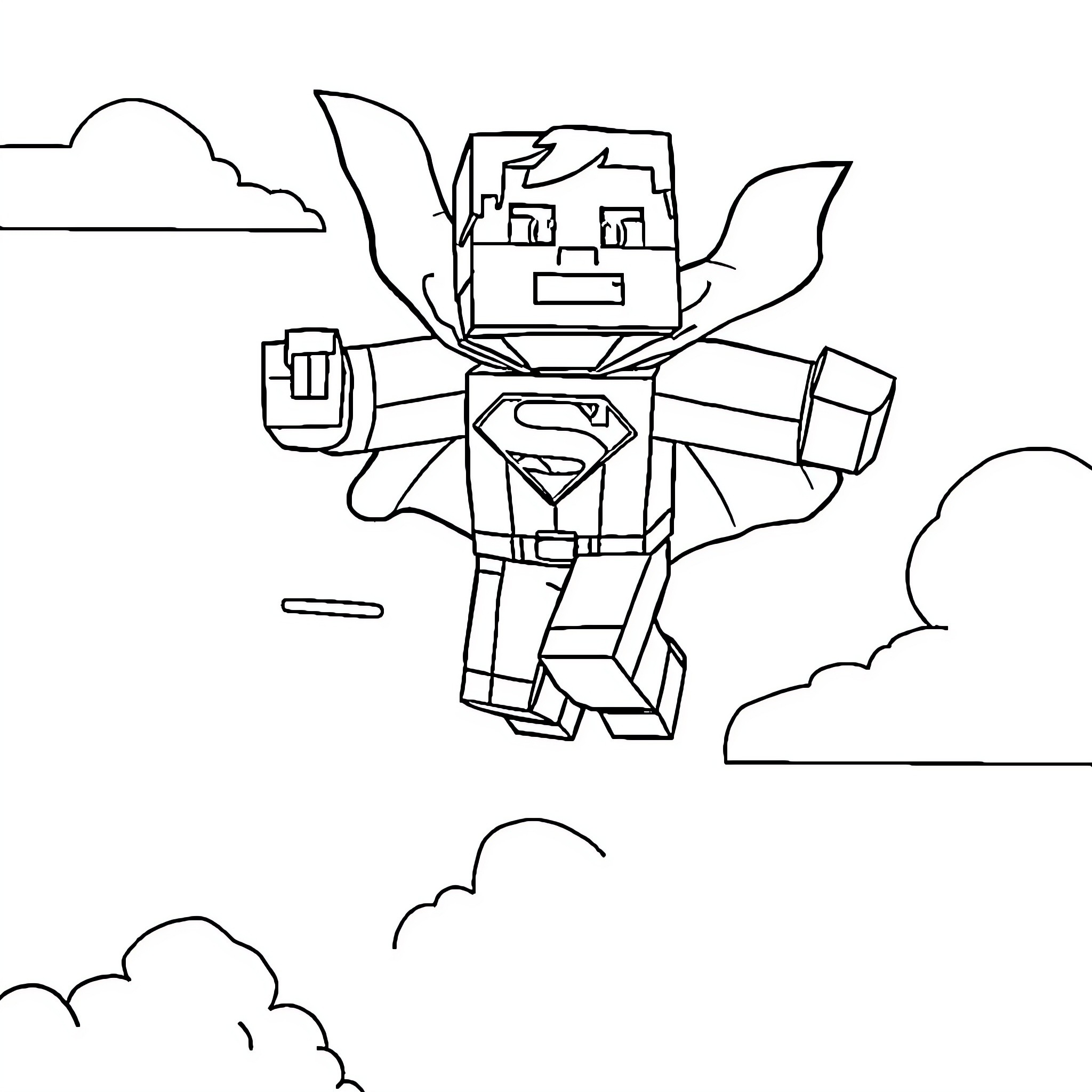 Minecraft Character Superhero Flying in the Sky Coloring Page (free black-and-white line drawing printable PDF for all, from beginners to advanced learners, including children, teens, adults, and seniors)