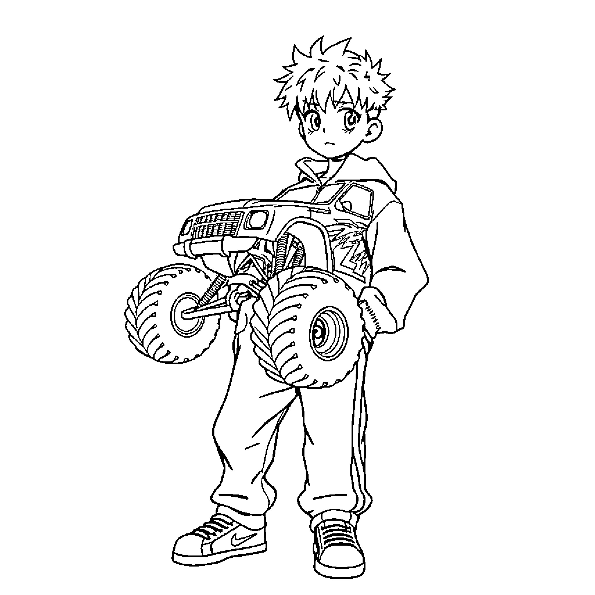Anime Boy Riding Monstrous Truck Coloring Page (free black-and-white line drawing printable PDF for all, from beginners to advanced learners, including children, teens, adults, and seniors)