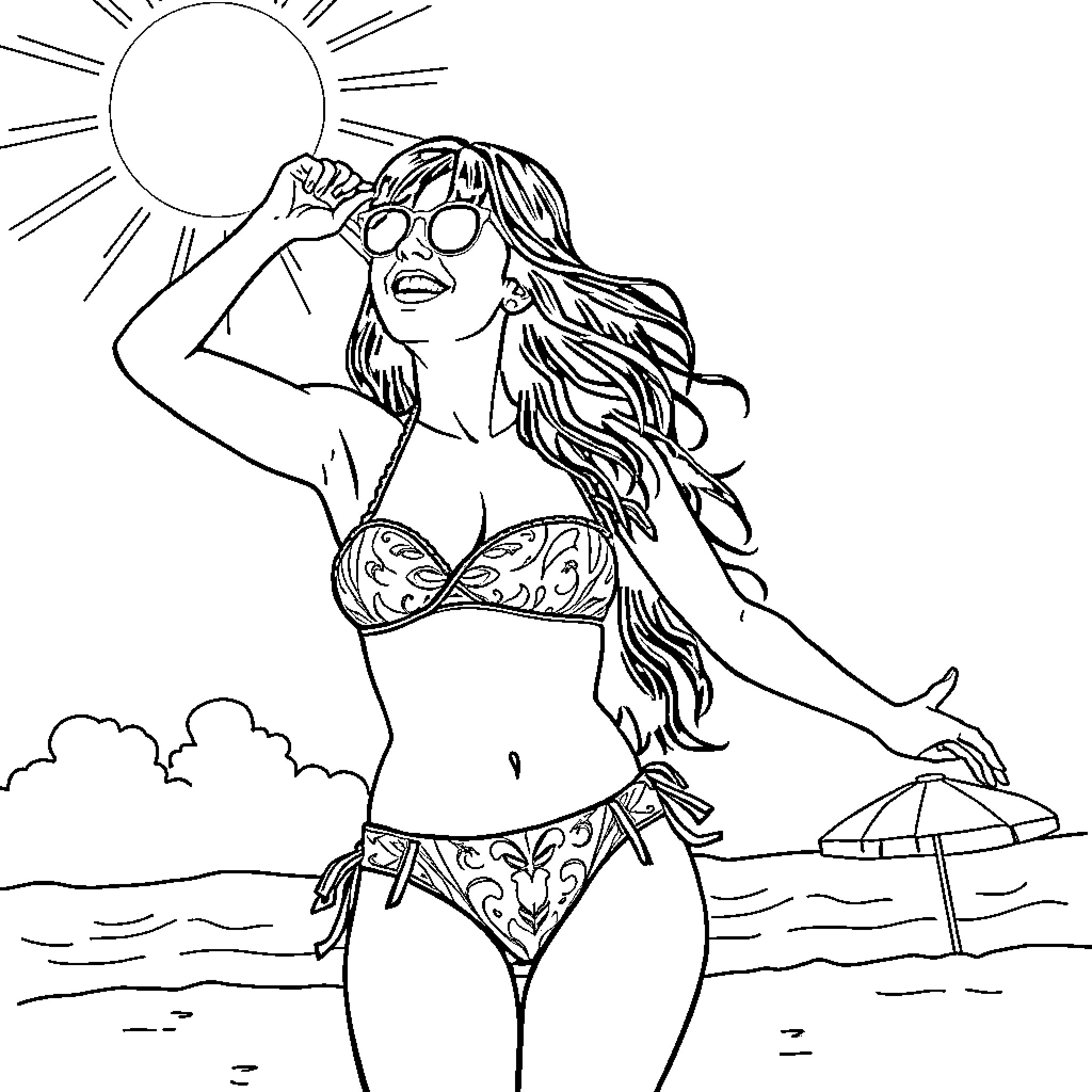 Zooey Deschanel relaxing on the beach in a swimsuit Coloring Page (free black-and-white line drawing printable PDF for all, from beginners to advanced learners, including children, teens, adults, and seniors)