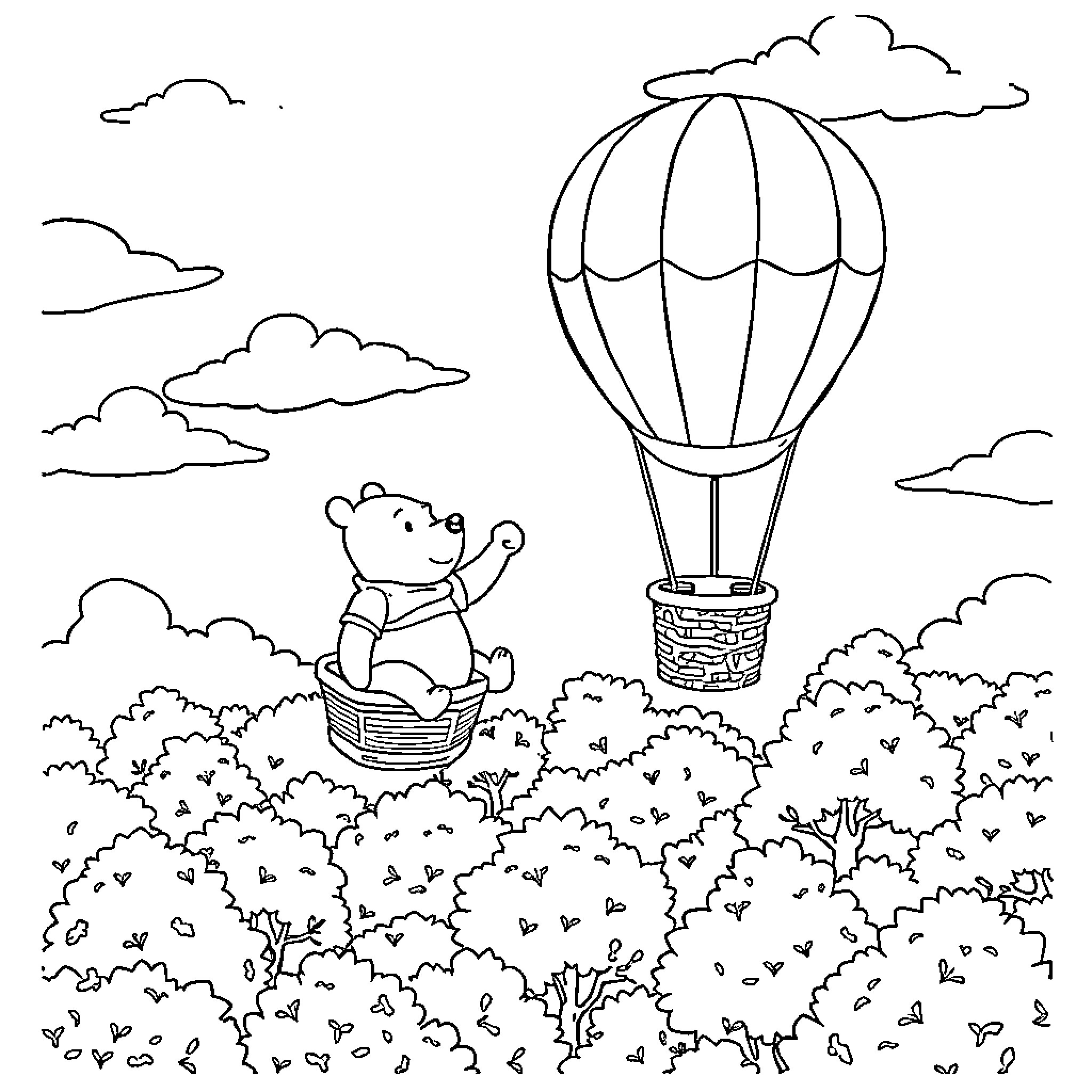 Winnie The Pooh exploring the sky in a hot air balloon Coloring Page (free black-and-white line drawing printable PDF for all, from beginners to advanced learners, including children, teens, adults, and seniors)