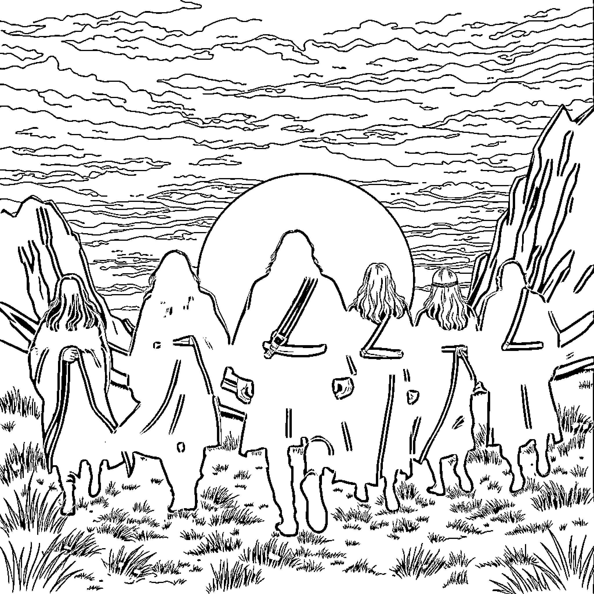 Fellowship of Travelers Exploring Mysterious Landscape Coloring Page (free black-and-white line drawing printable PDF for all, from beginners to advanced learners, including children, teens, adults, and seniors)