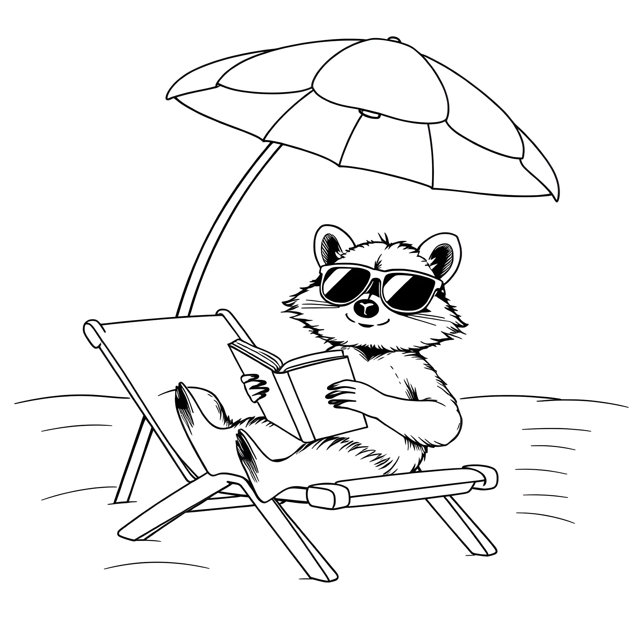 Raccoon relaxing on beach chair under umbrella Coloring Page (free black-and-white line drawing printable PDF for all, from beginners to advanced learners, including children, teens, adults, and seniors)