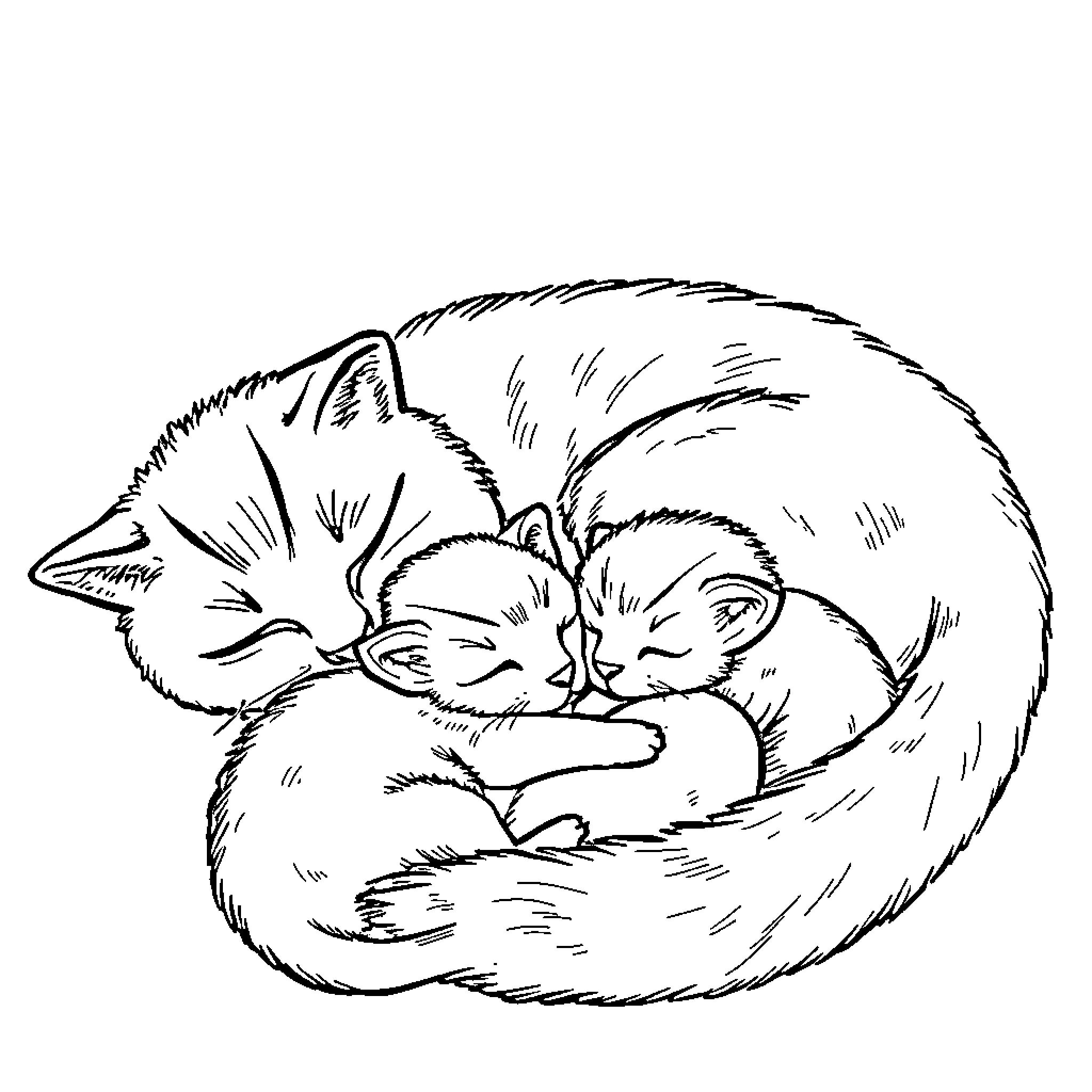 Cat snuggling with kittens in cozy nest Coloring Page (free black-and-white line drawing printable PDF for all, from beginners to advanced learners, including children, teens, adults, and seniors)