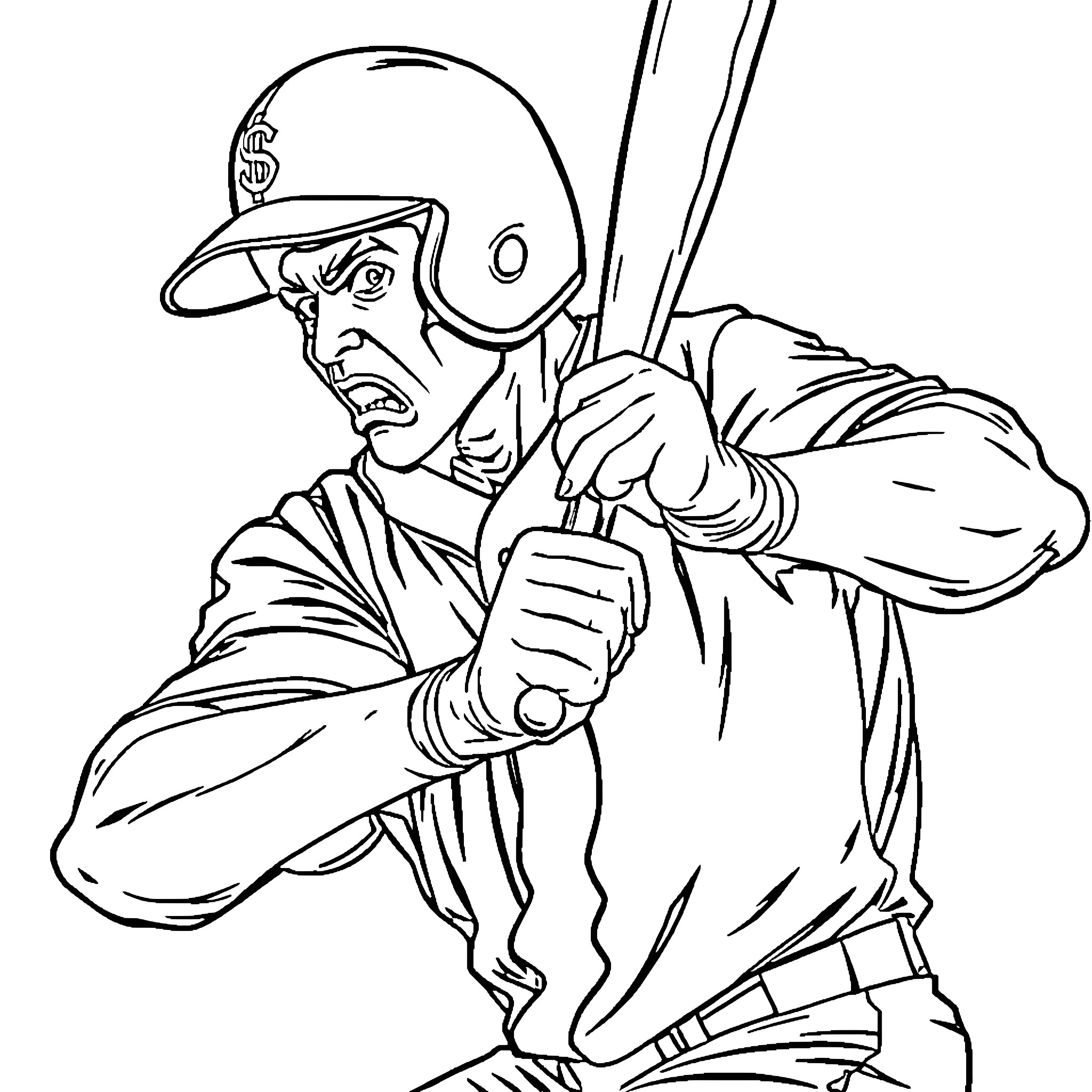 Baseball Player Batting with Intense Expression Coloring Page (free black-and-white line drawing printable PDF for all, from beginners to advanced learners, including children, teens, adults, and seniors)