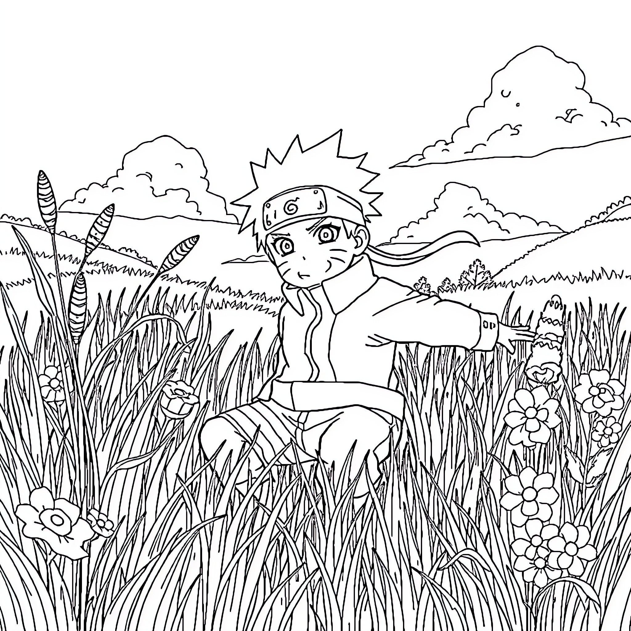 Naruto sitting in the grass surrounded by nature Coloring Page (free black-and-white line drawing printable PDF for all, from beginners to advanced learners, including children, teens, adults, and seniors)