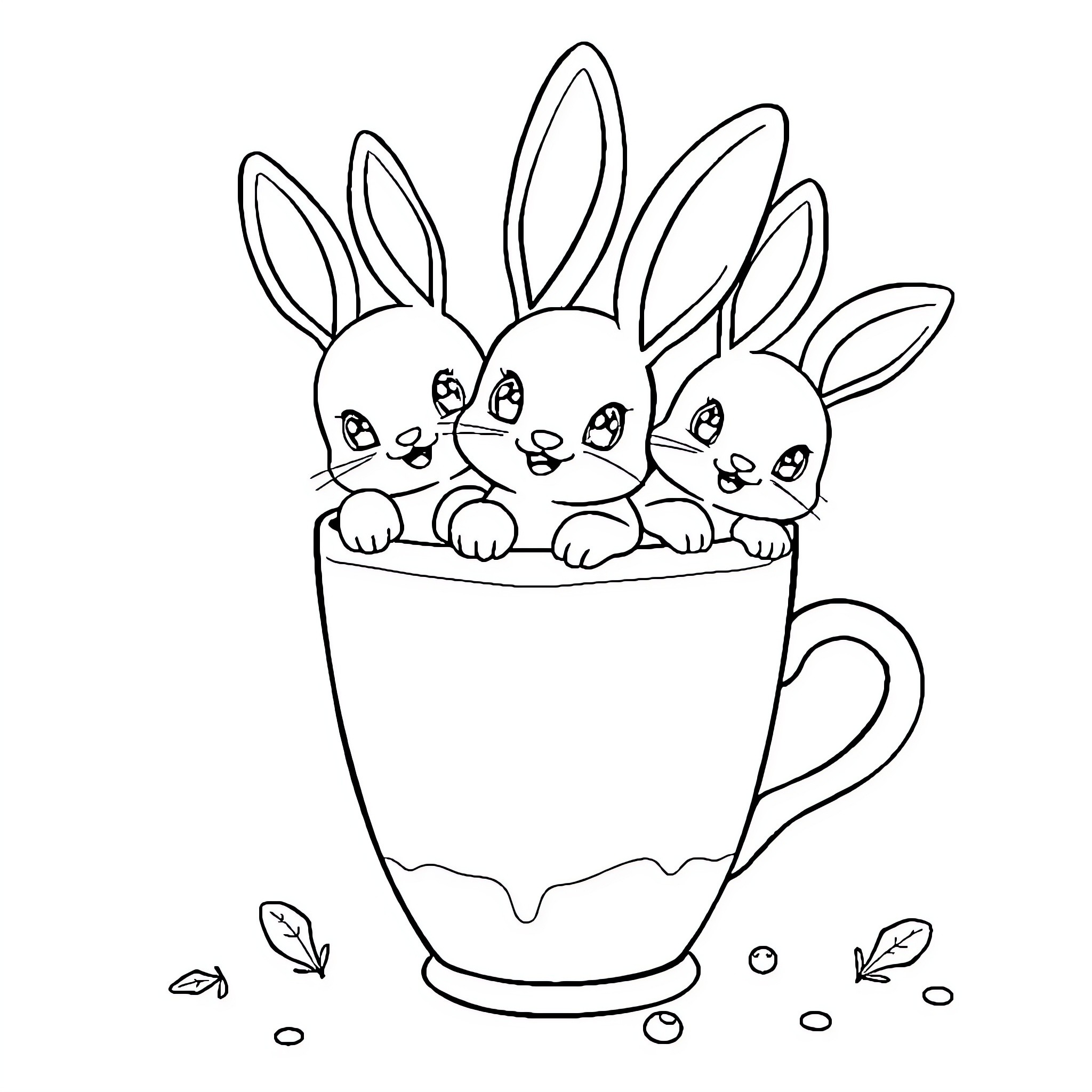 Bunny friends nestled in a cozy teacup Coloring Page (free black-and-white line drawing printable PDF for all, from beginners to advanced learners, including children, teens, adults, and seniors)