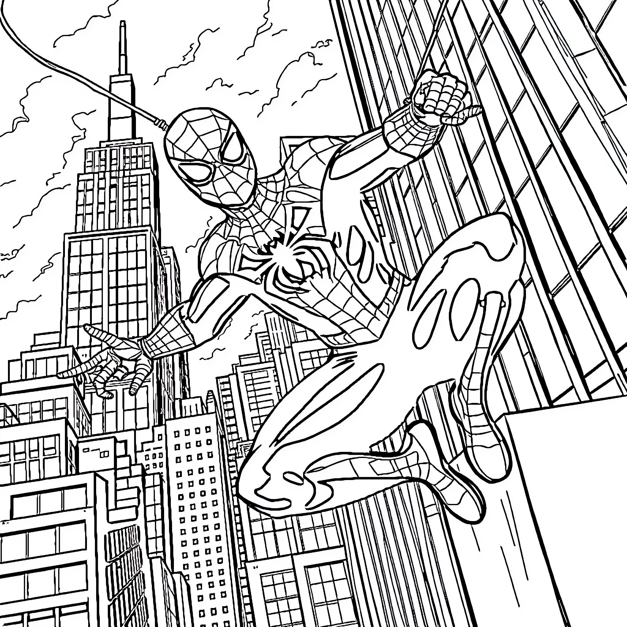 Spider-Man swinging through the city skyline Coloring Page (free black-and-white line drawing printable PDF for all, from beginners to advanced learners, including children, teens, adults, and seniors)