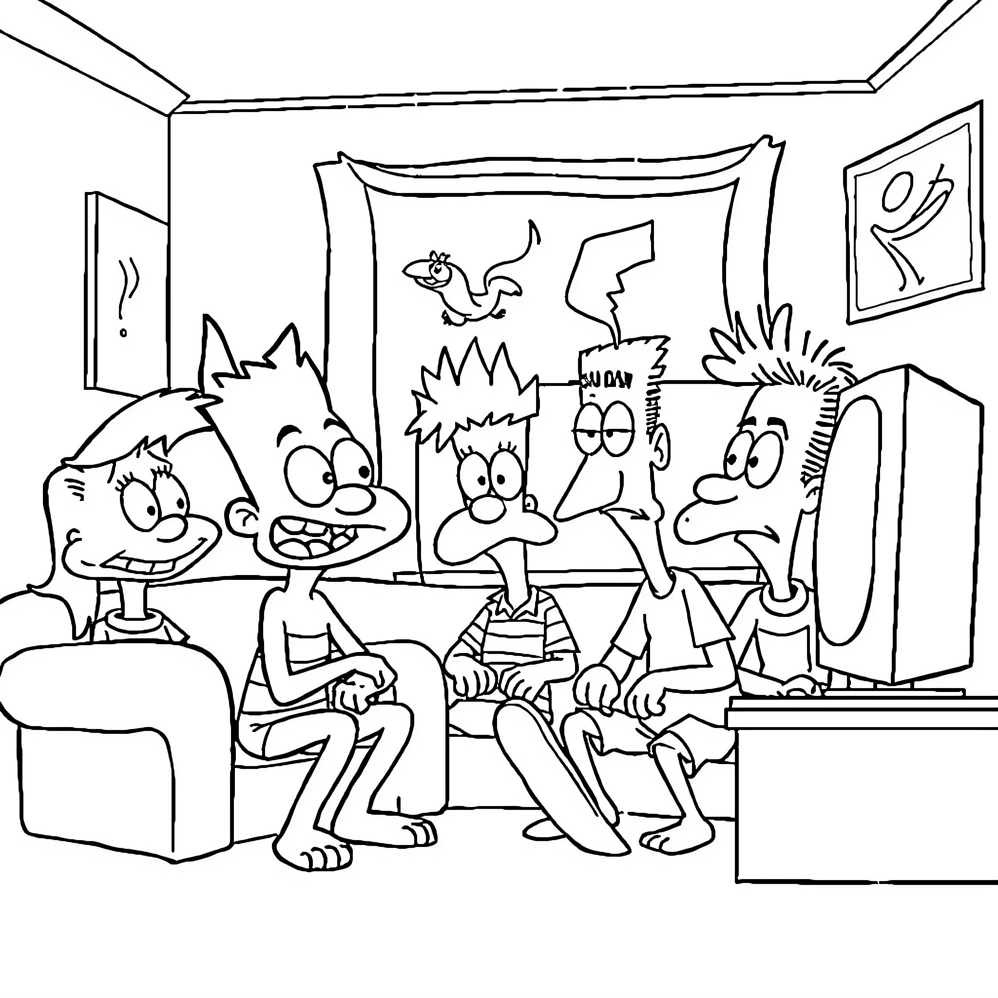 Cartoon Characters Playing Video Games Together Coloring Page (free black-and-white line drawing printable PDF for all, from beginners to advanced learners, including children, teens, adults, and seniors)
