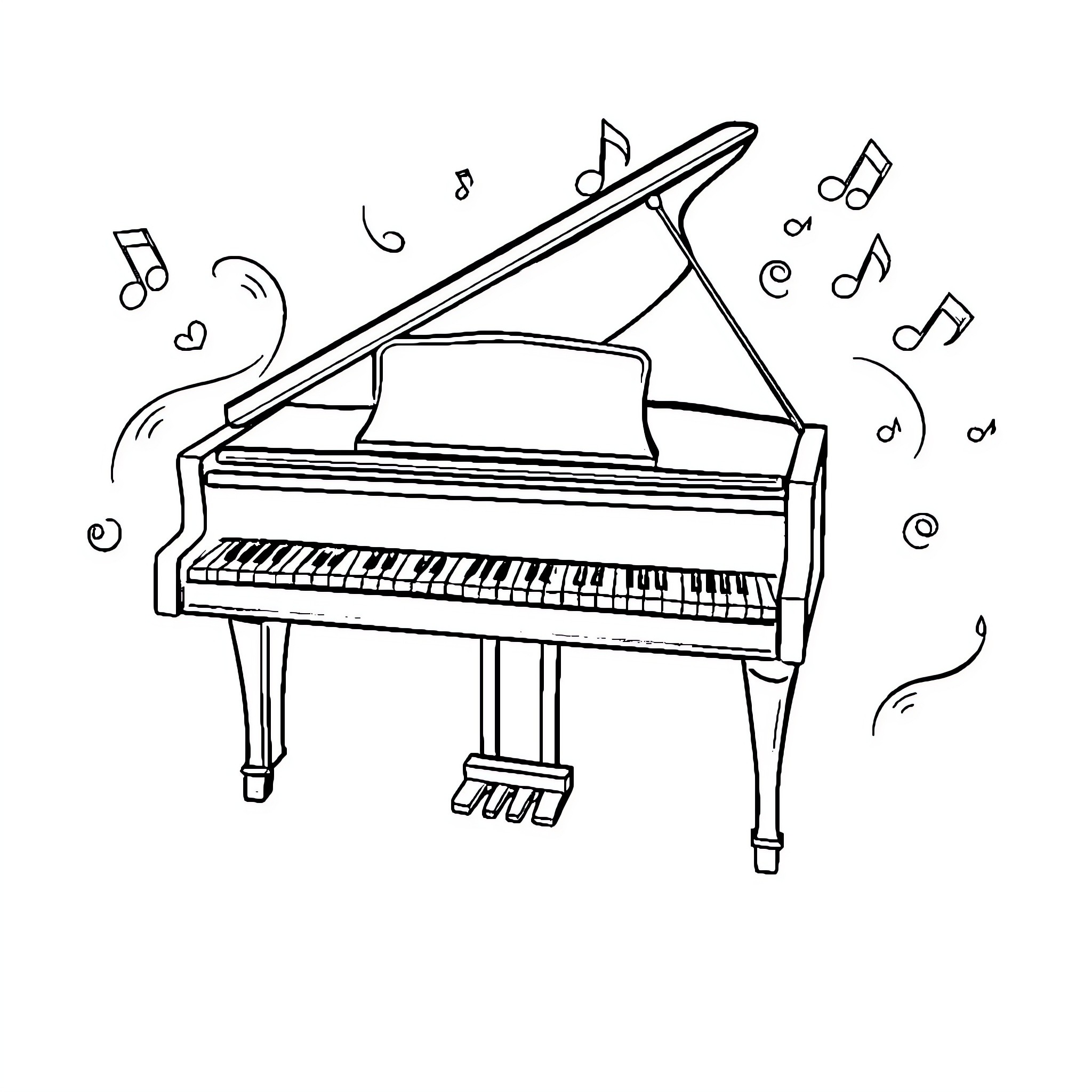 Piano with musical notes dancing around Coloring Page (free black-and-white line drawing printable PDF for all, from beginners to advanced learners, including children, teens, adults, and seniors)