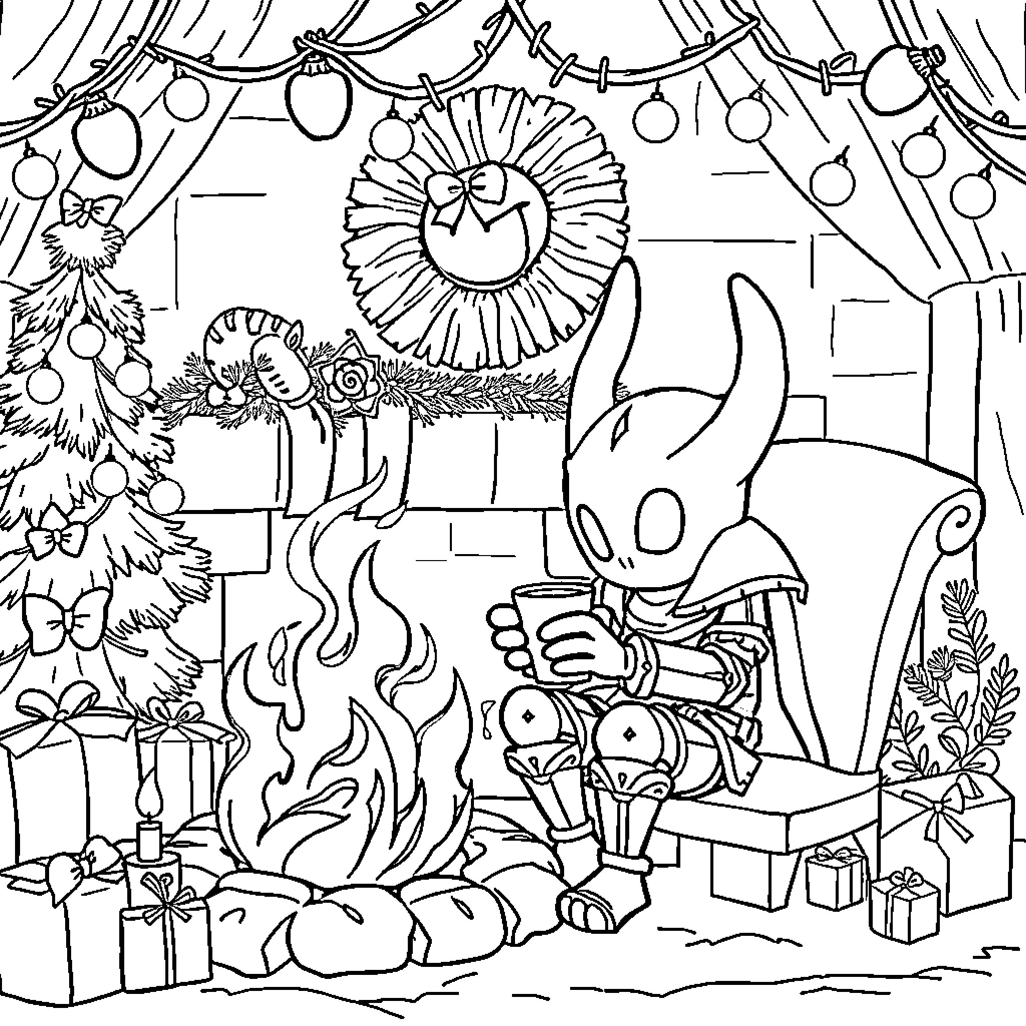 Hollow Knight celebrating Christmas with festive decor Coloring Page (free black-and-white line drawing printable PDF for all, from beginners to advanced learners, including children, teens, adults, and seniors)