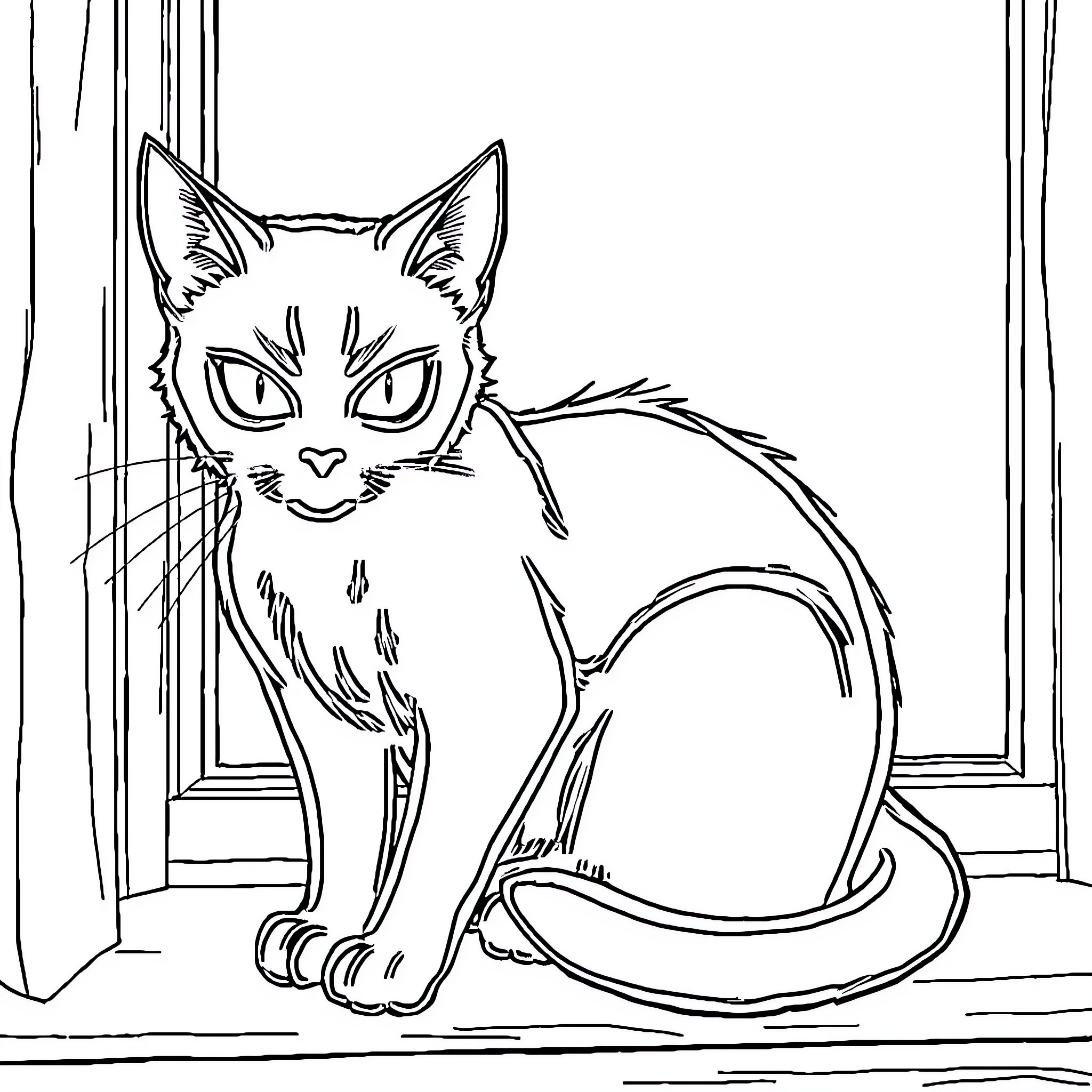 Cat sitting calmly near window Coloring Page (free black-and-white line drawing printable PDF for all, from beginners to advanced learners, including children, teens, adults, and seniors)