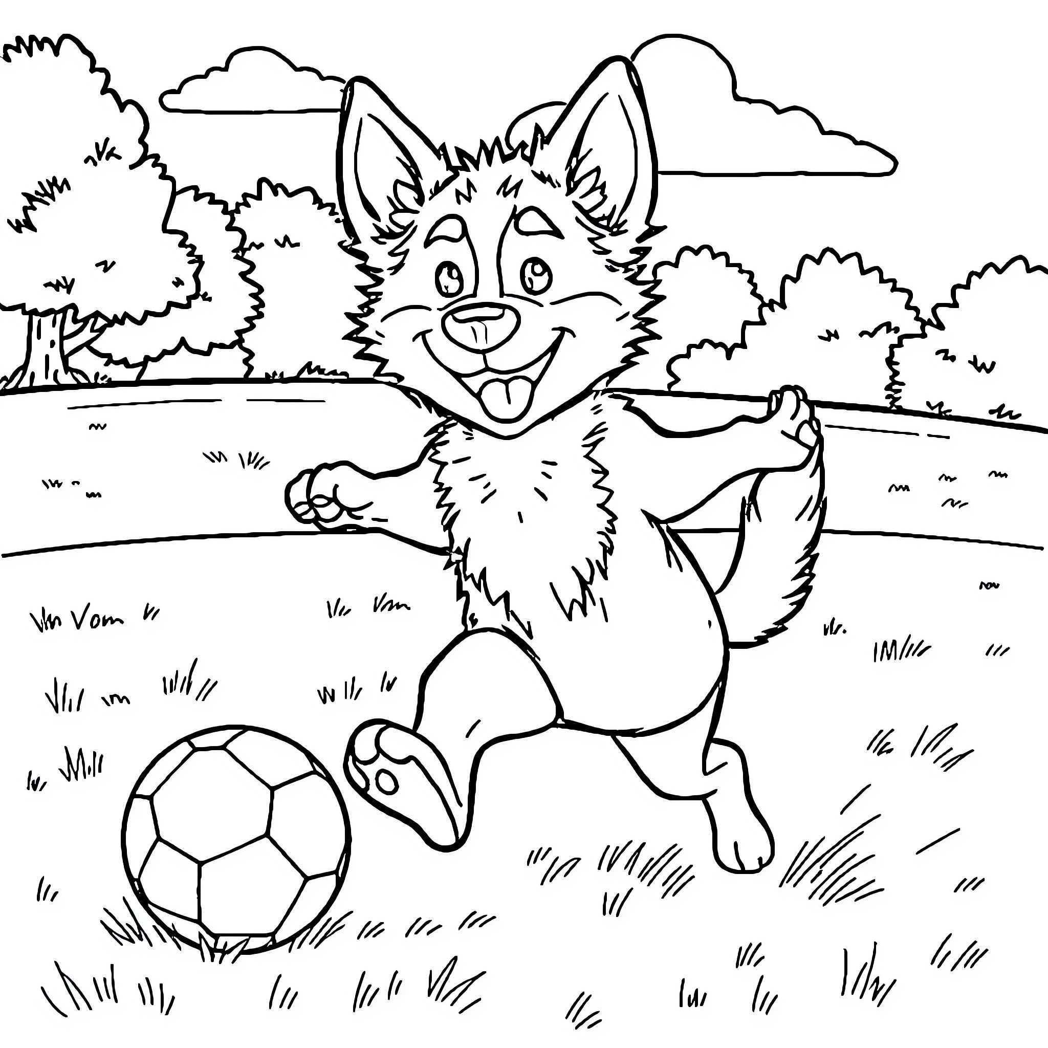 Bluey playing with soccer ball in the park Coloring Page (free black-and-white line drawing printable PDF for all, from beginners to advanced learners, including children, teens, adults, and seniors)