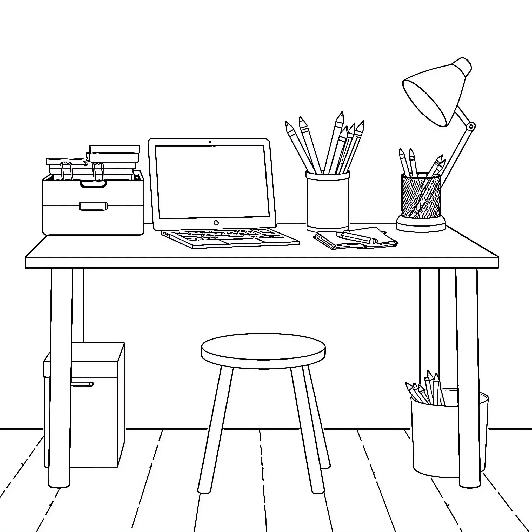 School Supplies on Desk with Laptop and Stool Coloring Page (free black-and-white line drawing printable PDF for all, from beginners to advanced learners, including children, teens, adults, and seniors)