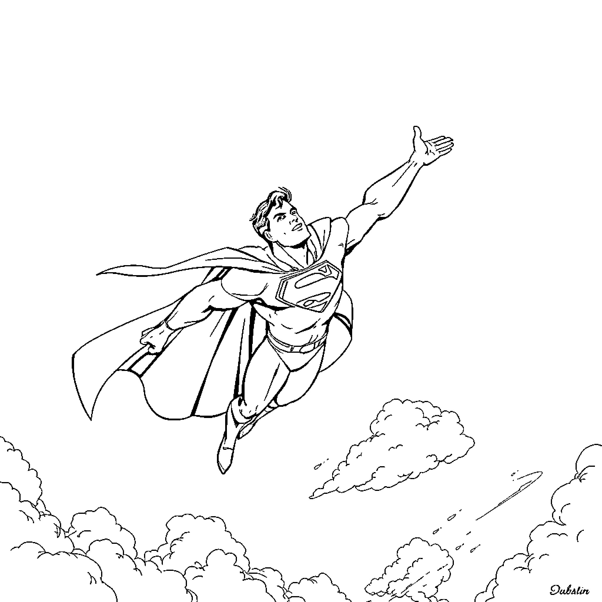 Superman soaring through the skies with strength and courage Coloring Page (free black-and-white line drawing printable PDF for all, from beginners to advanced learners, including children, teens, adults, and seniors)