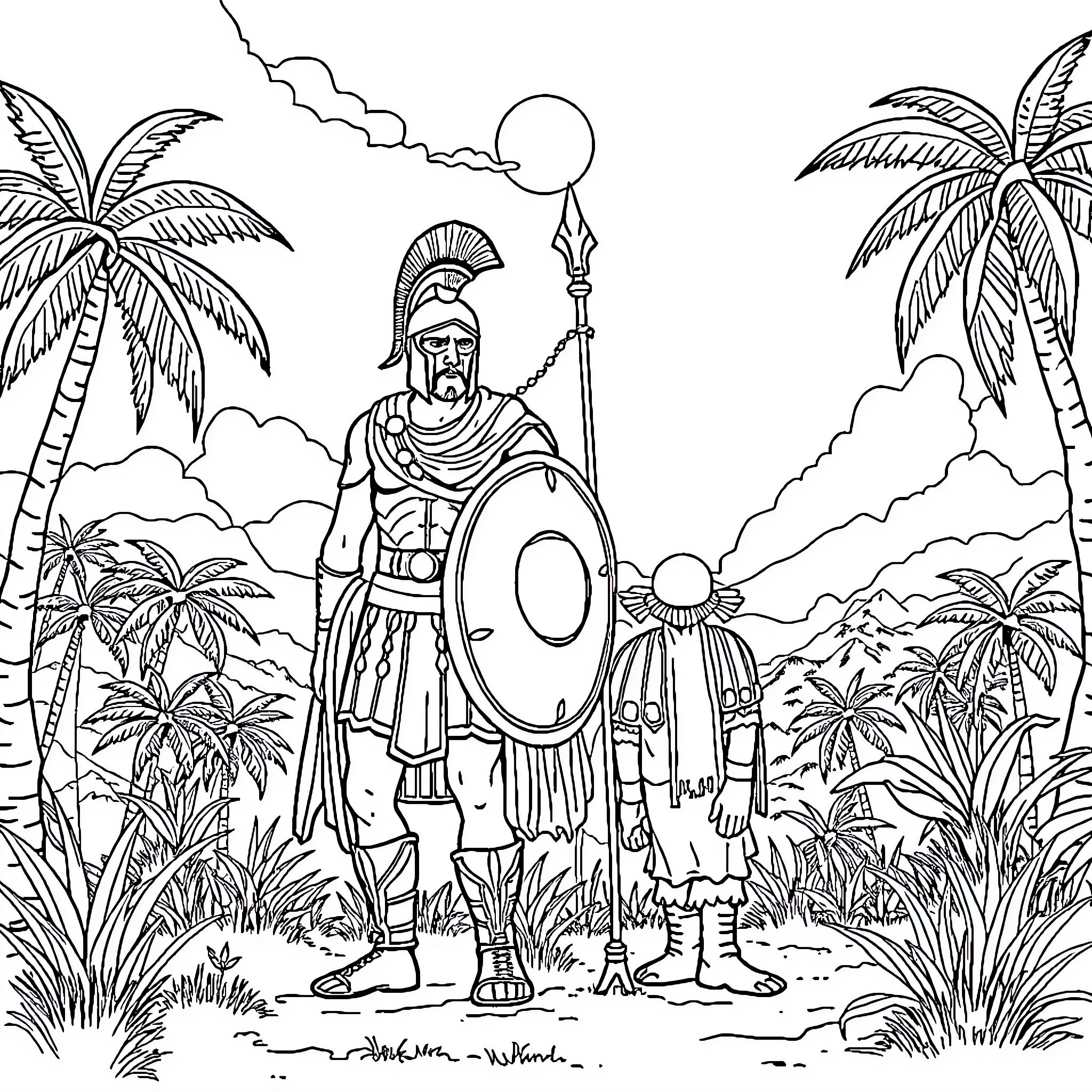 Spartan Warrior Stands Tall Amidst Tropical Landscape Coloring Page (free black-and-white line drawing printable PDF for all, from beginners to advanced learners, including children, teens, adults, and seniors)